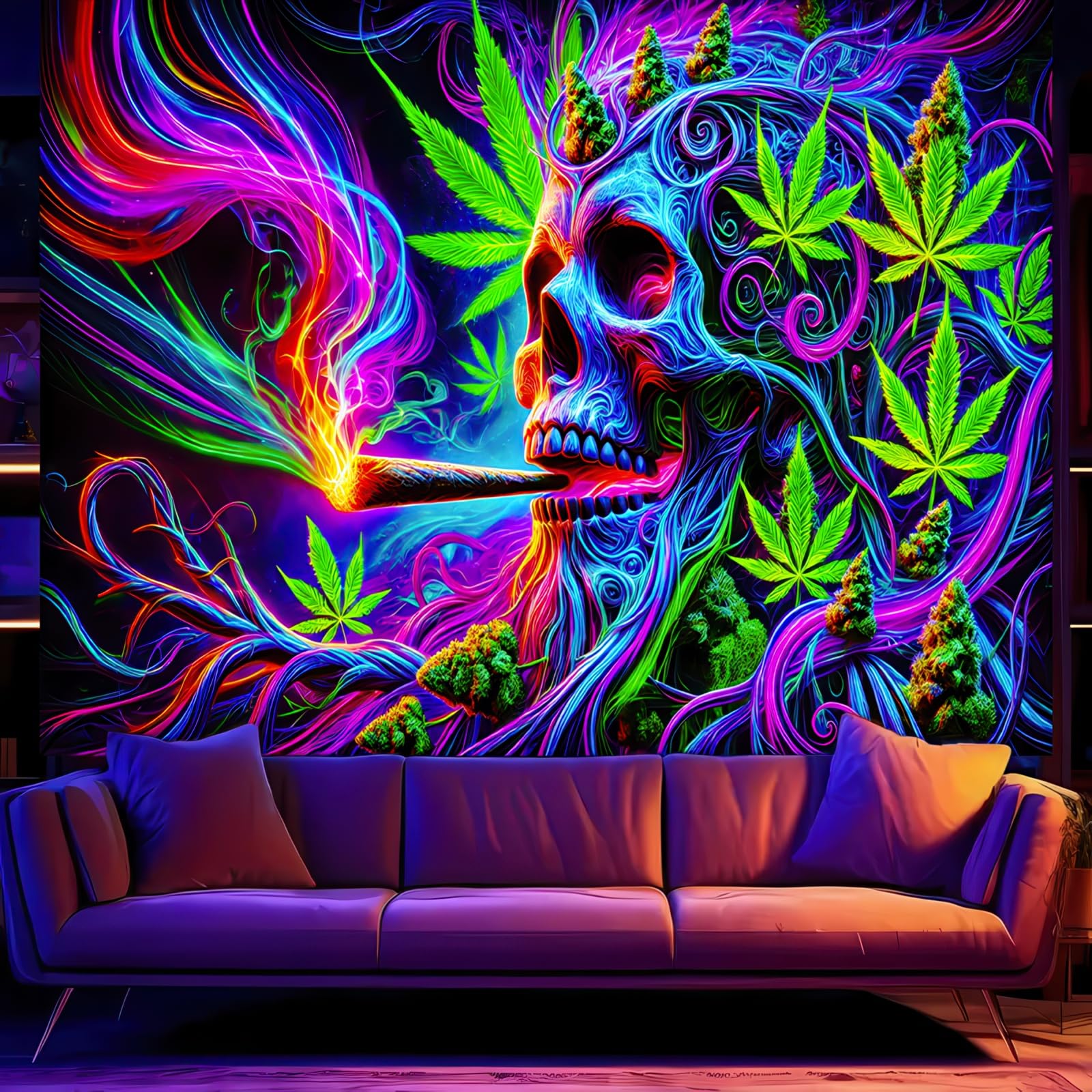 BlissYard Blacklight Cool Trippy Weed Marijuana Leaves Tapestry UV Reactive Skeleton Tapestry Smoking Skull Black Light Wall Tapestrys Neon Psychedelic Tie Dye Stoner Poster Tapestries 59X78 IN