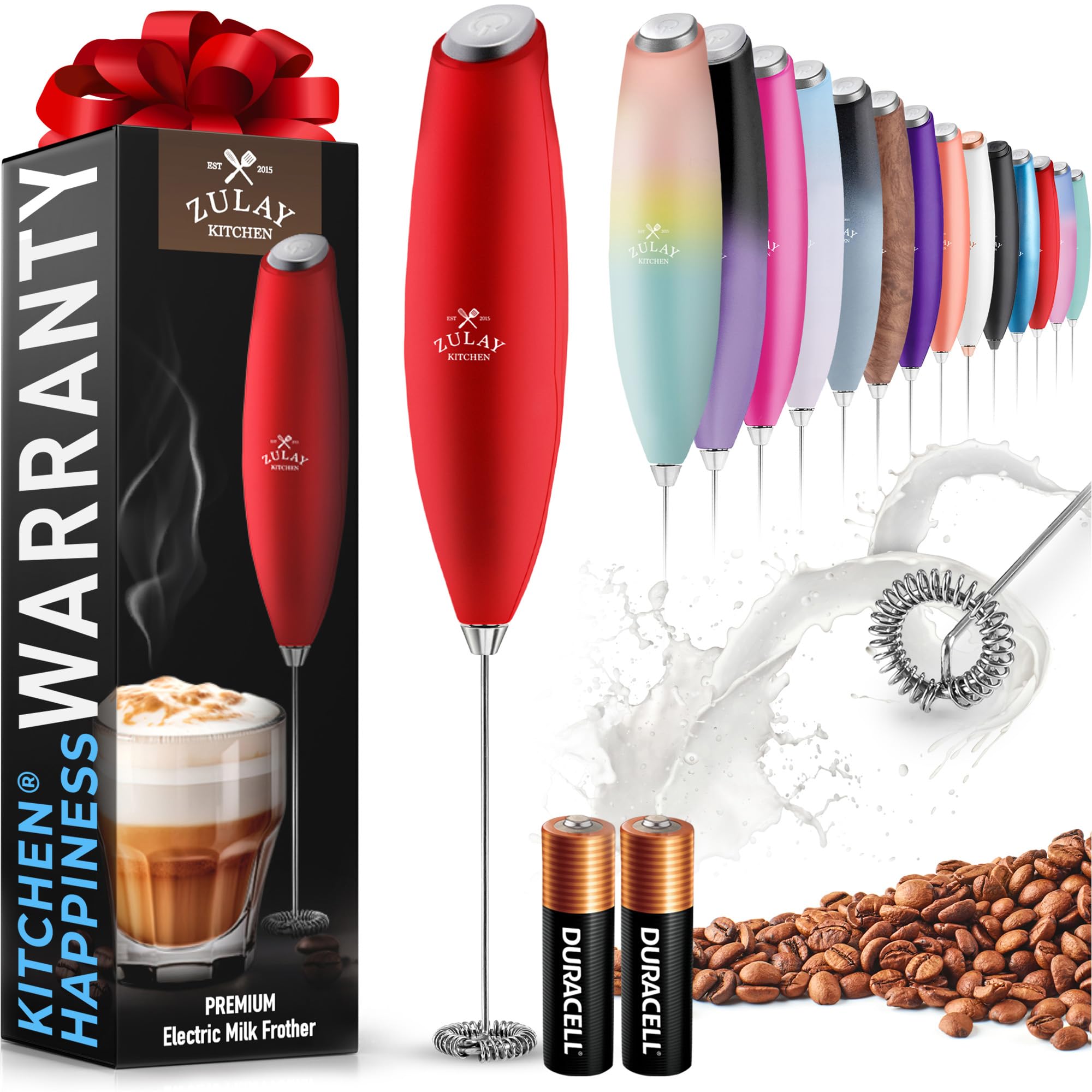 Zulay Powerful Milk Frother for Coffee with Upgraded Titanium Motor - Handheld Electric Whisk, Milk Foamer, Mini Mixer &amp; Coffee Blender for Frappe, Latte, Matcha, No Stand - Fire Red