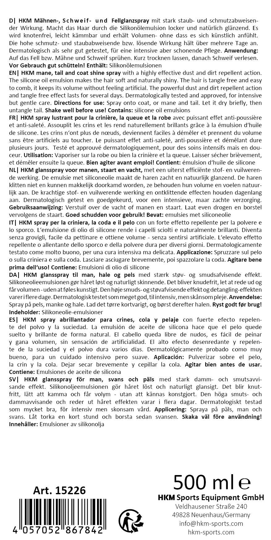 Spray abrillantador HKM | Tamaño 500 ml | Equipamiento para el caballo | Producto de Guarnicionería | Tradición artesana | Los Nietos