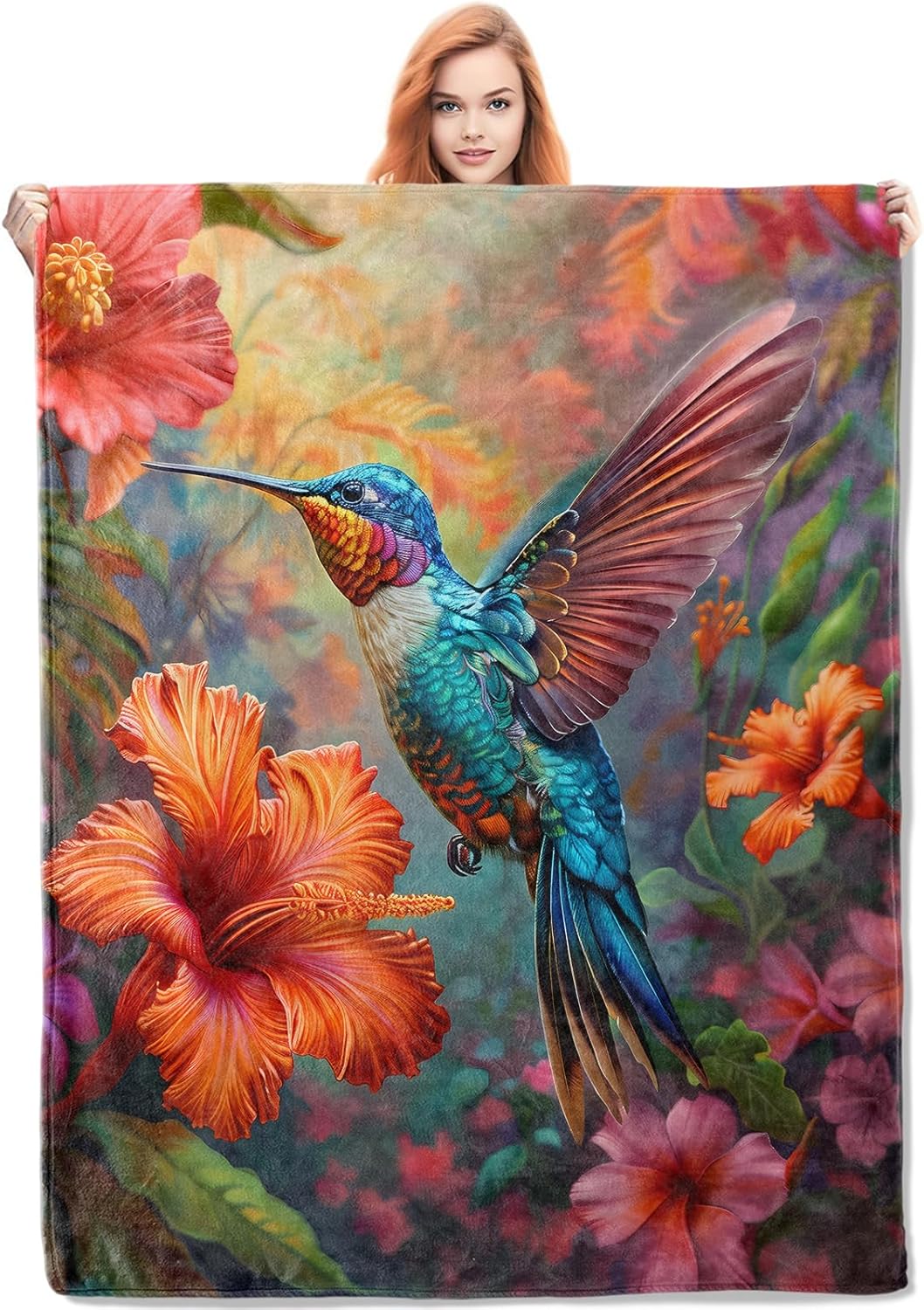 Floral Hummingbird Blanket Gifts for Women, Bird Hummingbird Flannel Blanket, Soft Warm Lightweight Throw Blankets for Bed Couch Home Travel Decor 50" x 60"