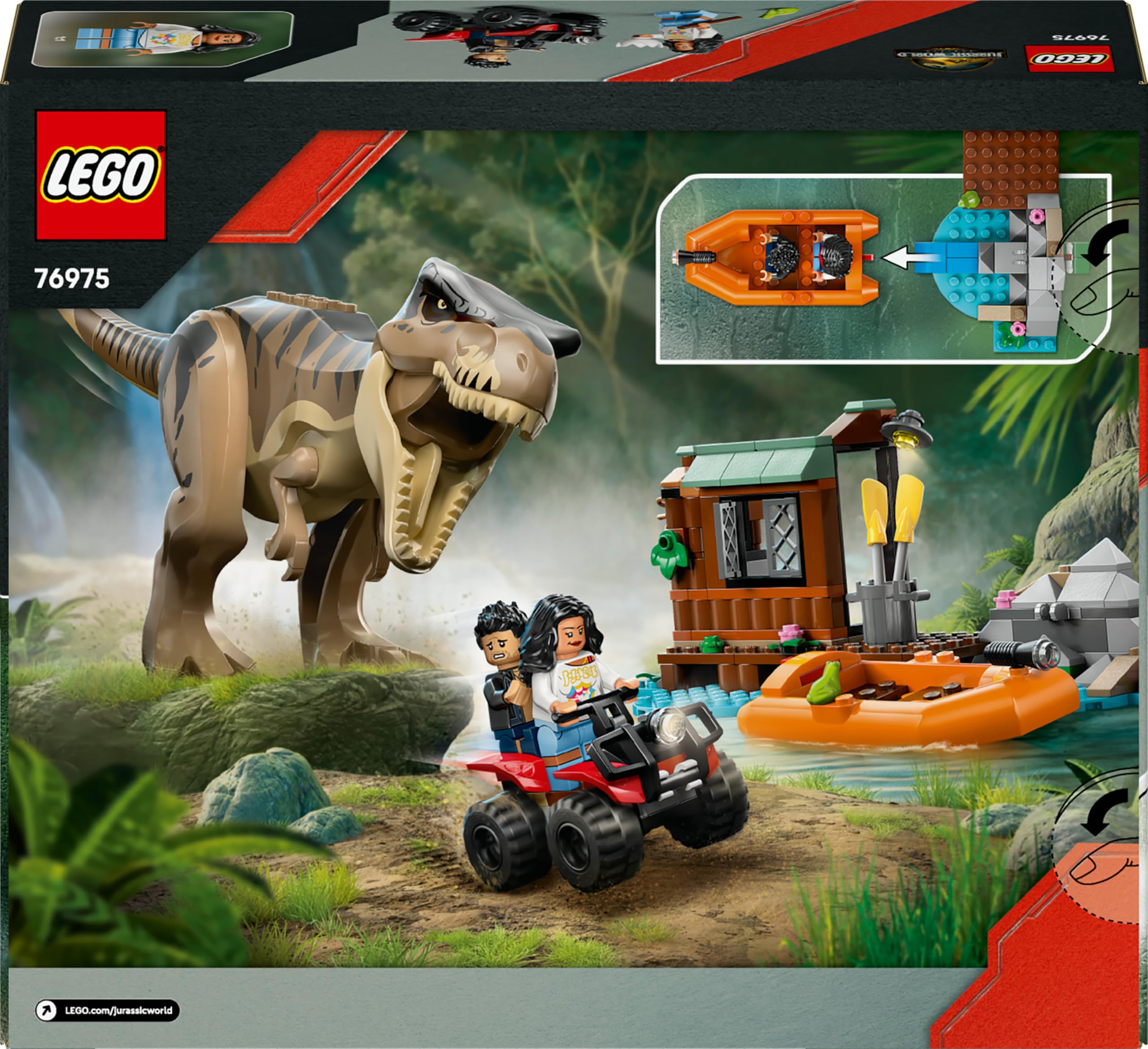 LEGO Jurassic World Huida por el Río y T. Rex a la Caza - Figura de Dinosaurio de Juguete Interactivo, Barco, Quad y 2 Minifiguras - Regalo de Cumpleaños para Niños y Niñas de 5+ Años 76975
