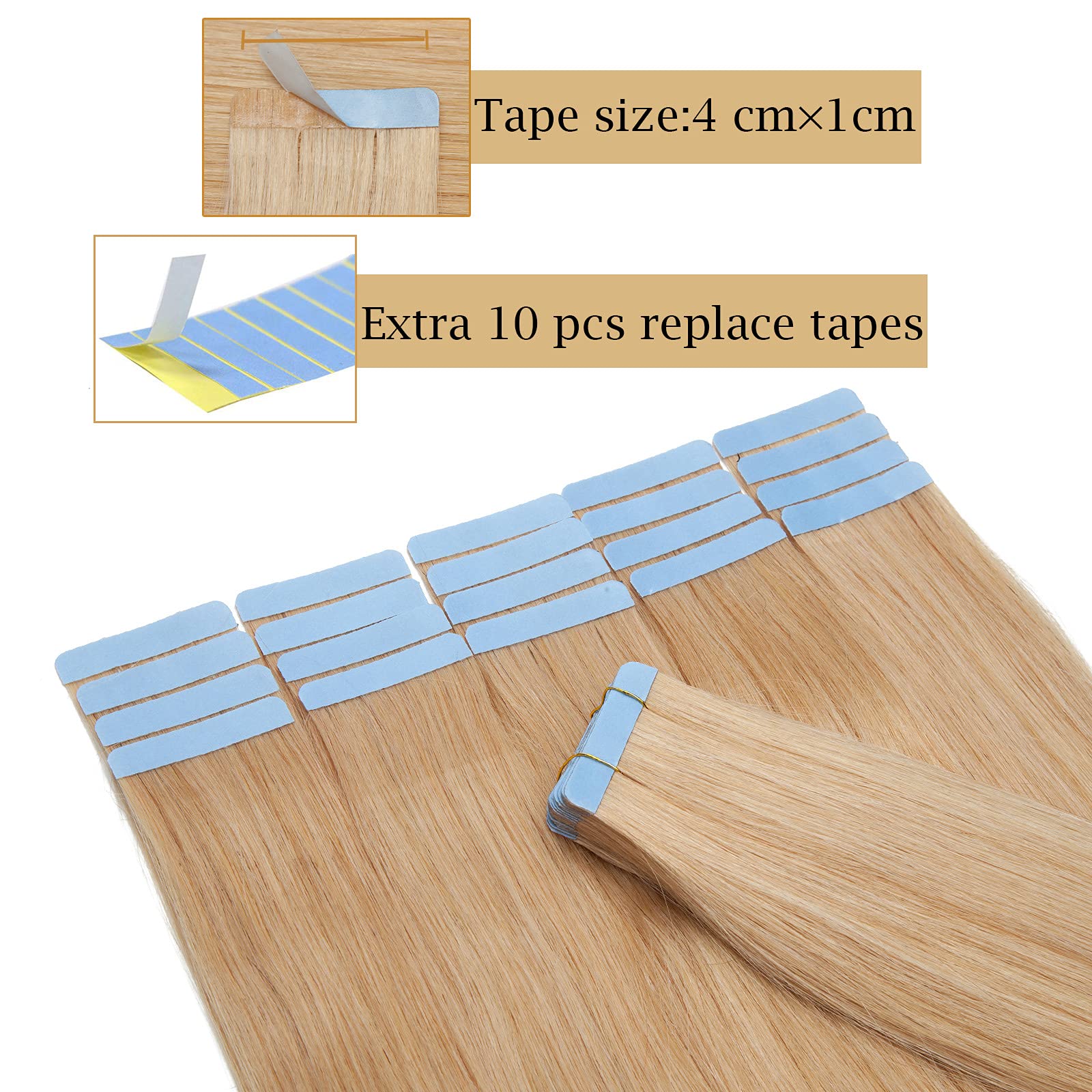 SEGO 40 PCS Extensions Adhesives Cheveux Naturels Bande Adhésif - 45cm (40Pcs) 24#Blond Naturel 100g (2.5g/Pièces)- Tape In Remy Hair Vrai Cheveux a Froid Invisible