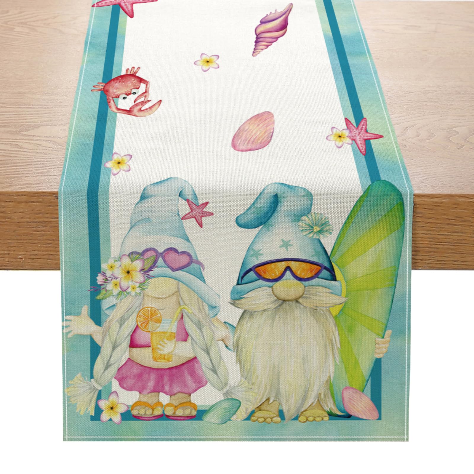 ZCHOMI Teal and Blue Gnomes Beach Table Runner 13x72 Inch Summer Coastal Ocean Kitchen Dinning Table Decoration for Indoor Outdoor Home Party Décor