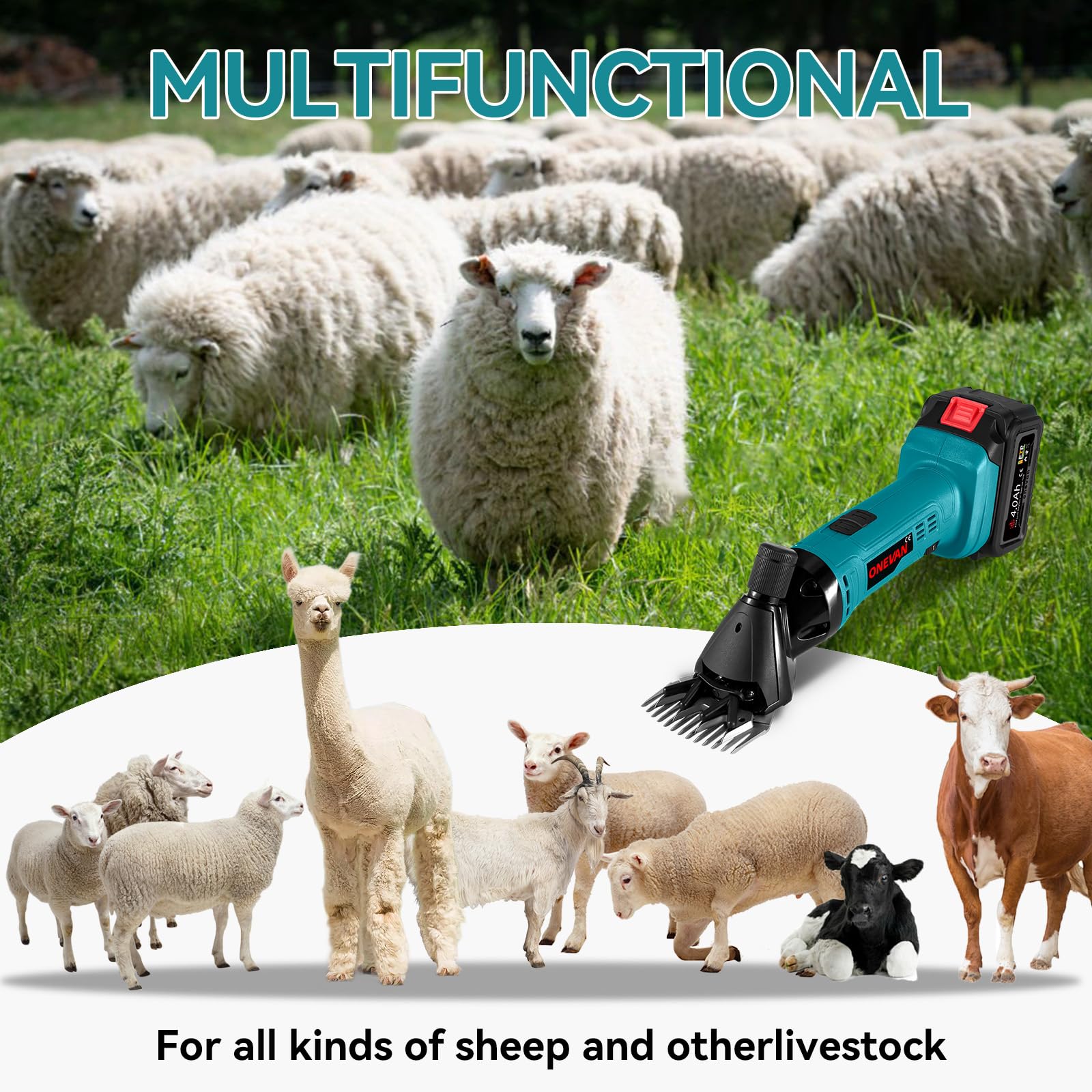 ONEVAN Schafschermaschine Akku, 6-Gang Schermaschine Schafe mit 2 4000mAh Akkus, Elektrische Schafschere Kabellosen Sheep Shears für Schafen, Ziegen, Alpakas