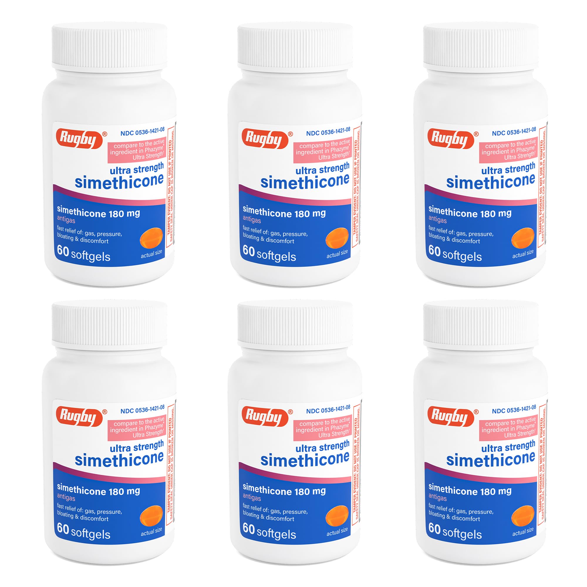 Rugby Ultra Strength Simethicone Gas Relief 180 mg - Maximum Relief for Adults - May Help with Symptoms of Flatulence & Bloating - 60 Softgels (6 Pack)