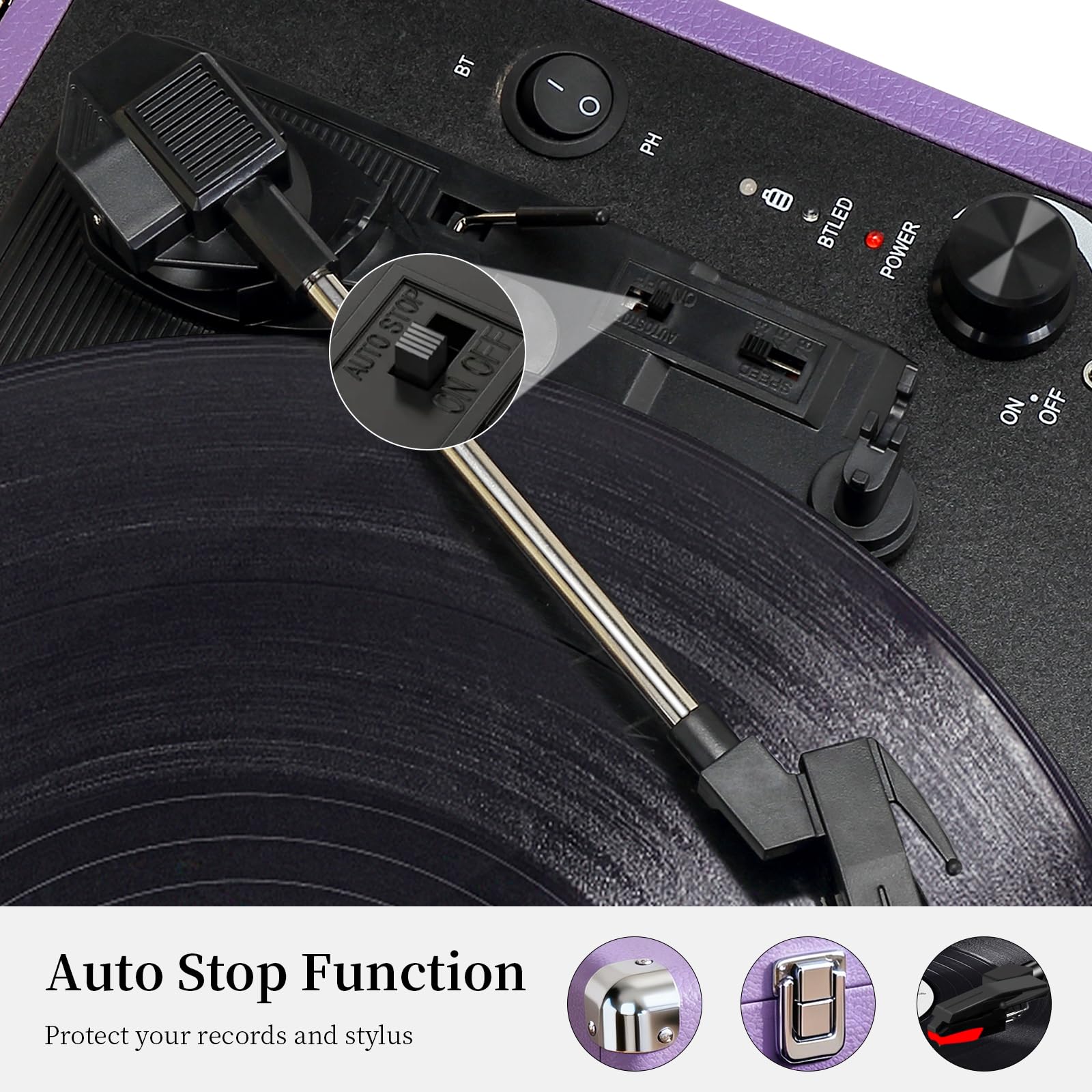 JORLAI Leitor de discos vinil de 3 velocidades com Bluetooth toca