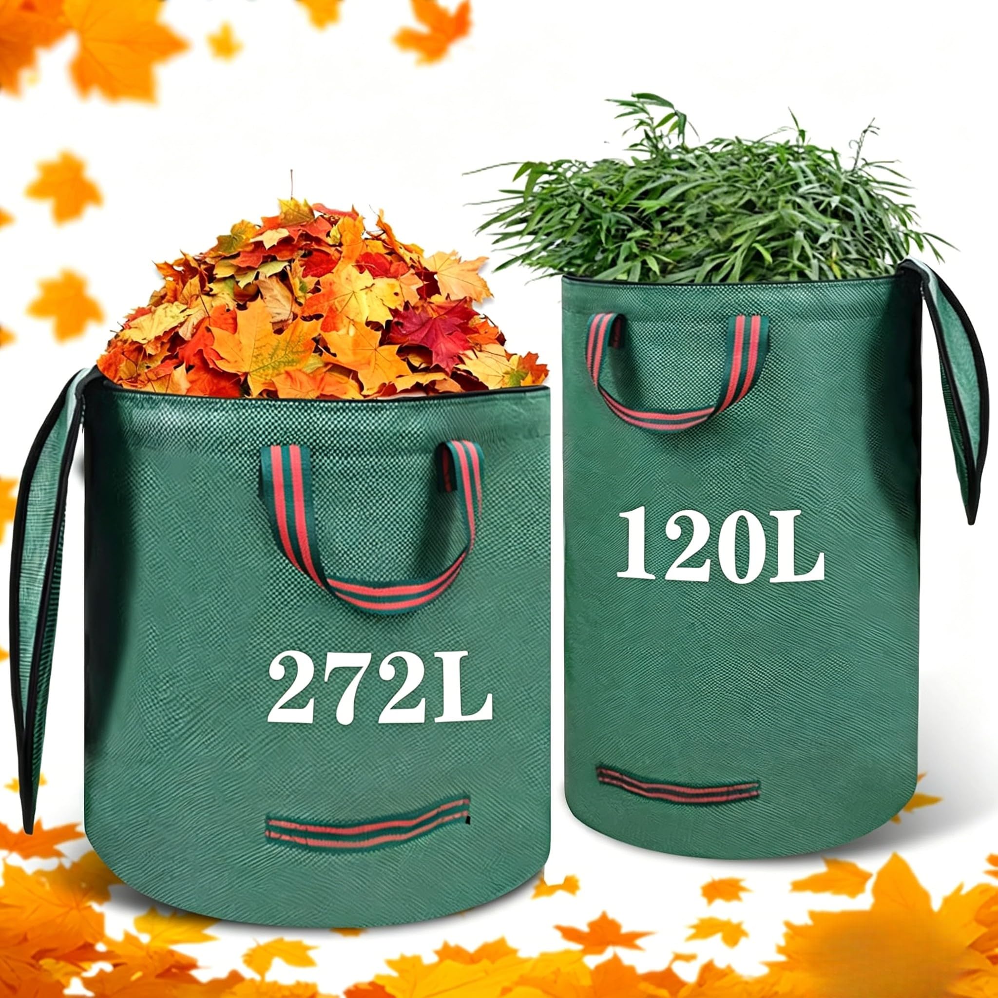 Saco de basura de jardín de 120 l y 272 l, 2 unidades, saco de jardín con tapa, saco de basura de jardín estable con asas, bolsas de jardín plegables, robustas e impermeables, para césped