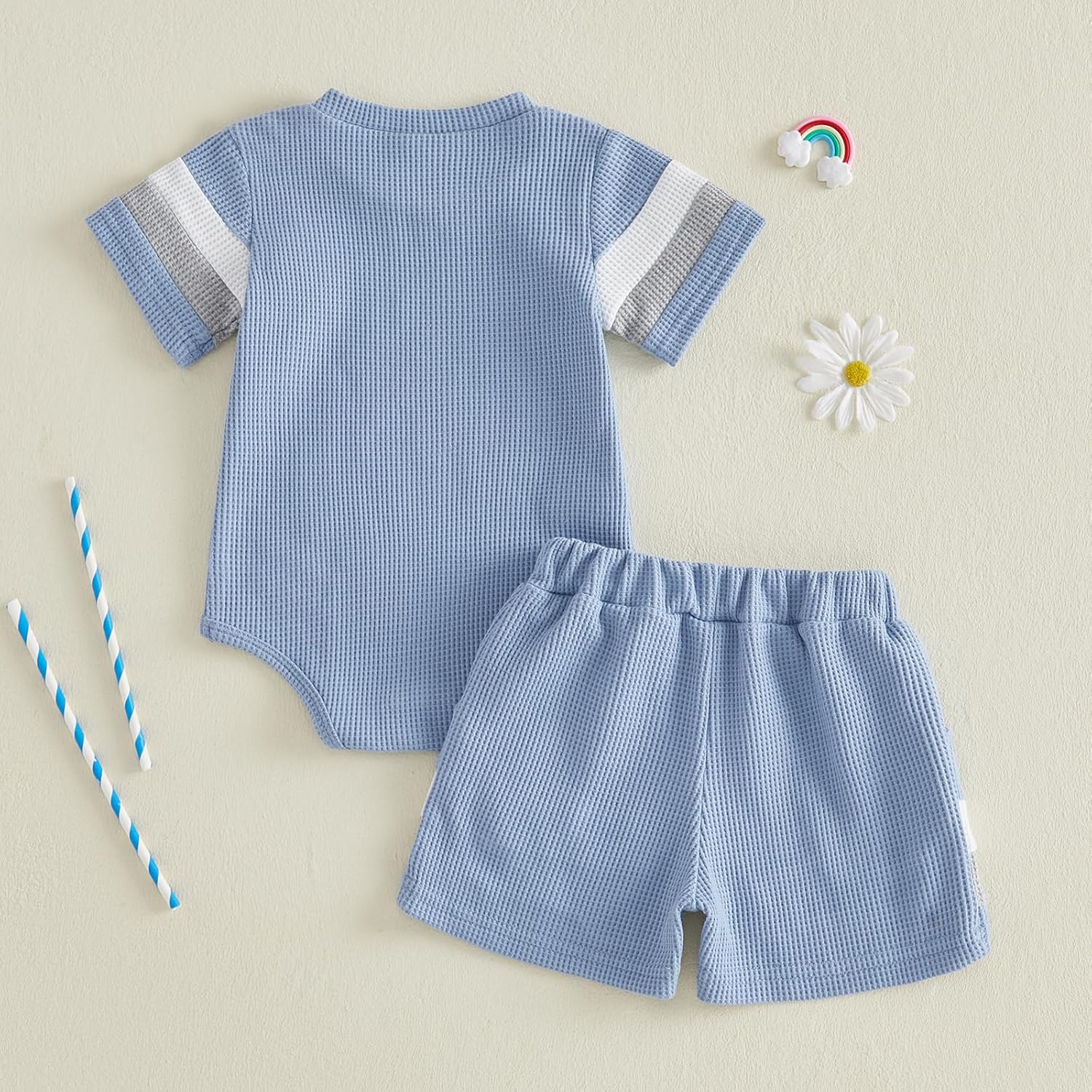 Kuriozud Newborn Baby Boy Summer Clothes Button Short Sleeve Romper Bodysuit Shorts Set Infant Soft Waffle Outfit - Image 5