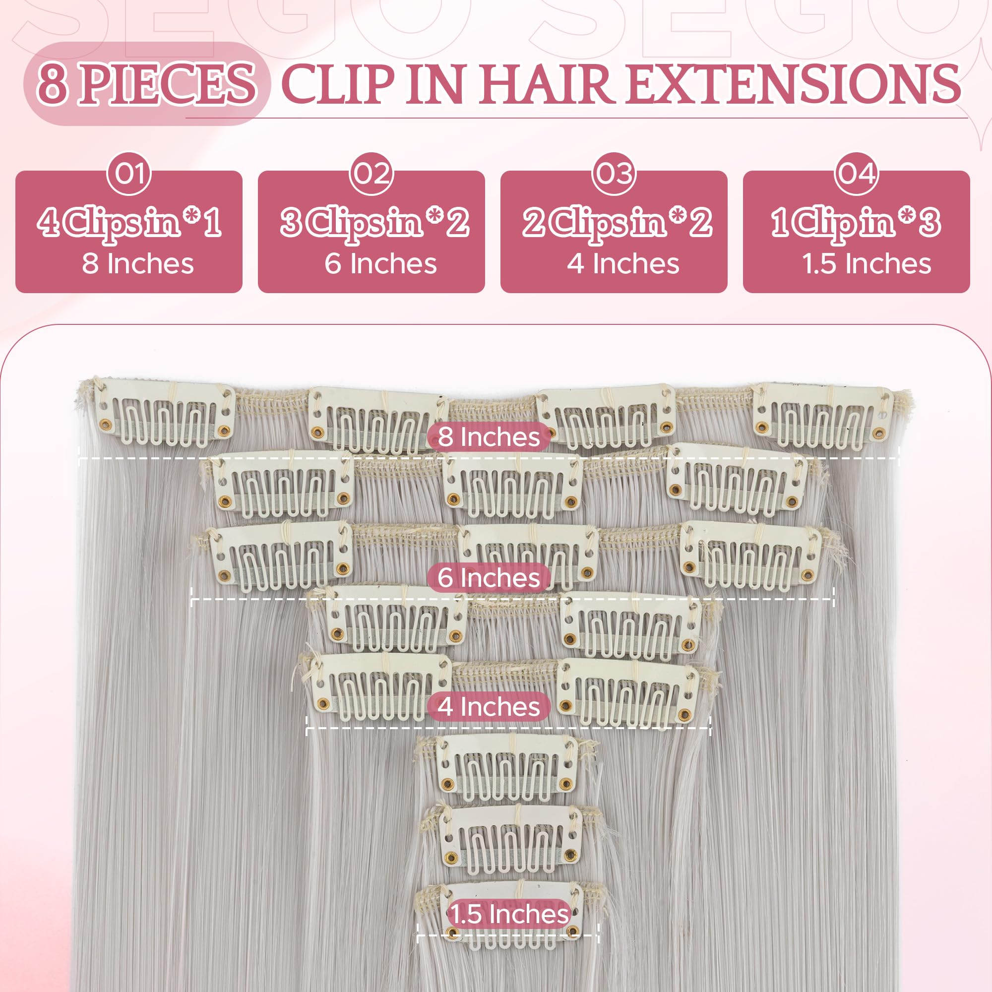 SEGO 26 Inch Thick Highlight Hair Piece 8PCS Long Straight Clip in Extensions Full Head 175g Synthetic Fiber Hairpieces For Women,Grey - Image 3