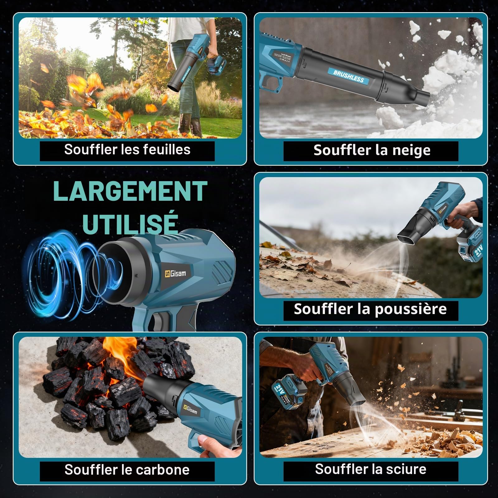 Souffleur de feuilles sans fil, moteur brushless avec 2x4.0Ah batteries, souffleur de feuilles, débit d'air 800m³/h, transmission à variation continue, 3 buses, 0,82 kg léger pour le jardin, les