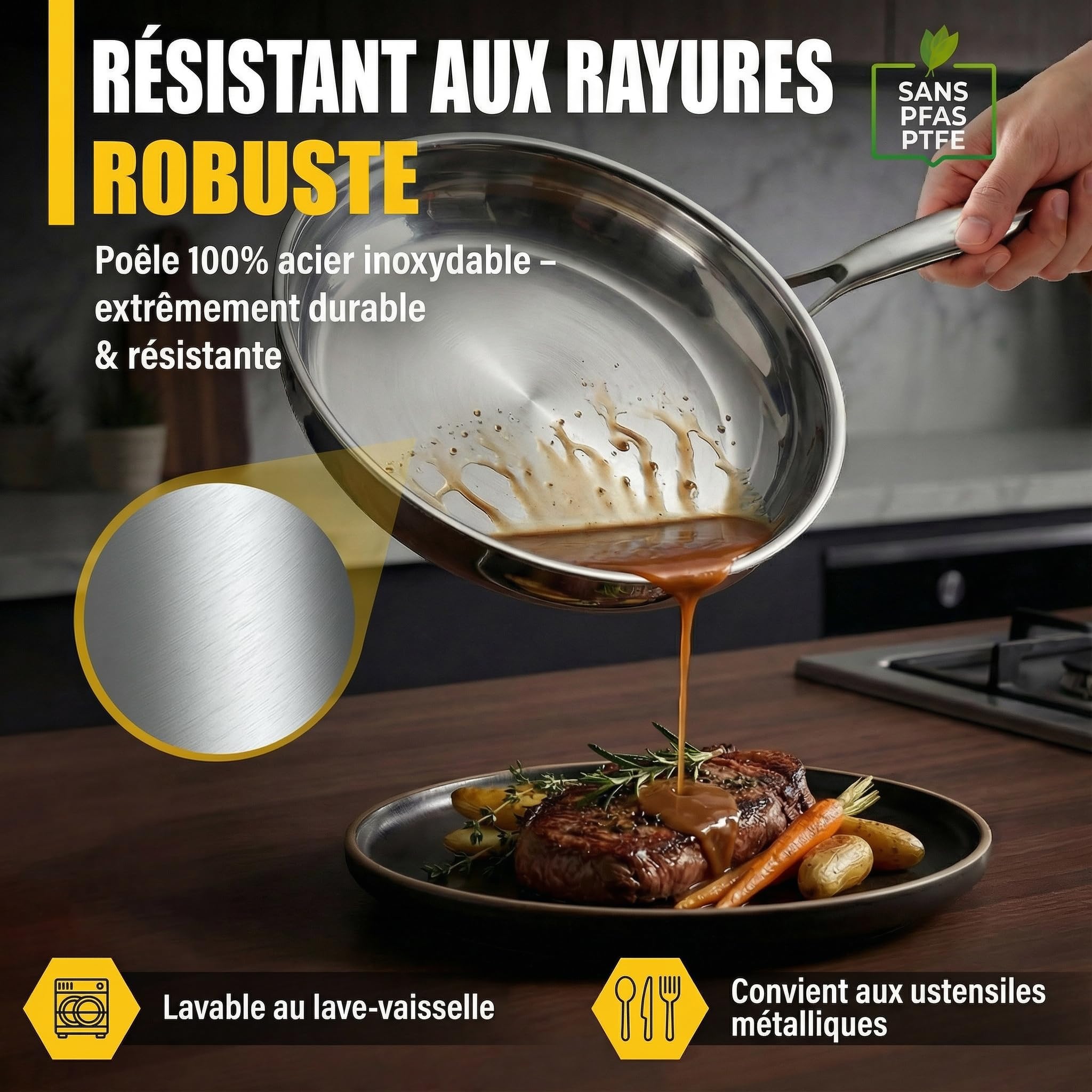 Poêle en acier inoxydable 18/10 Ø 32cm | 5 couches - 3mm - 1,67 kg | Résistant au four jusqu'à 400°C | Poêle en acier inoxydable pour induction et Lavable au lave-vaisselle