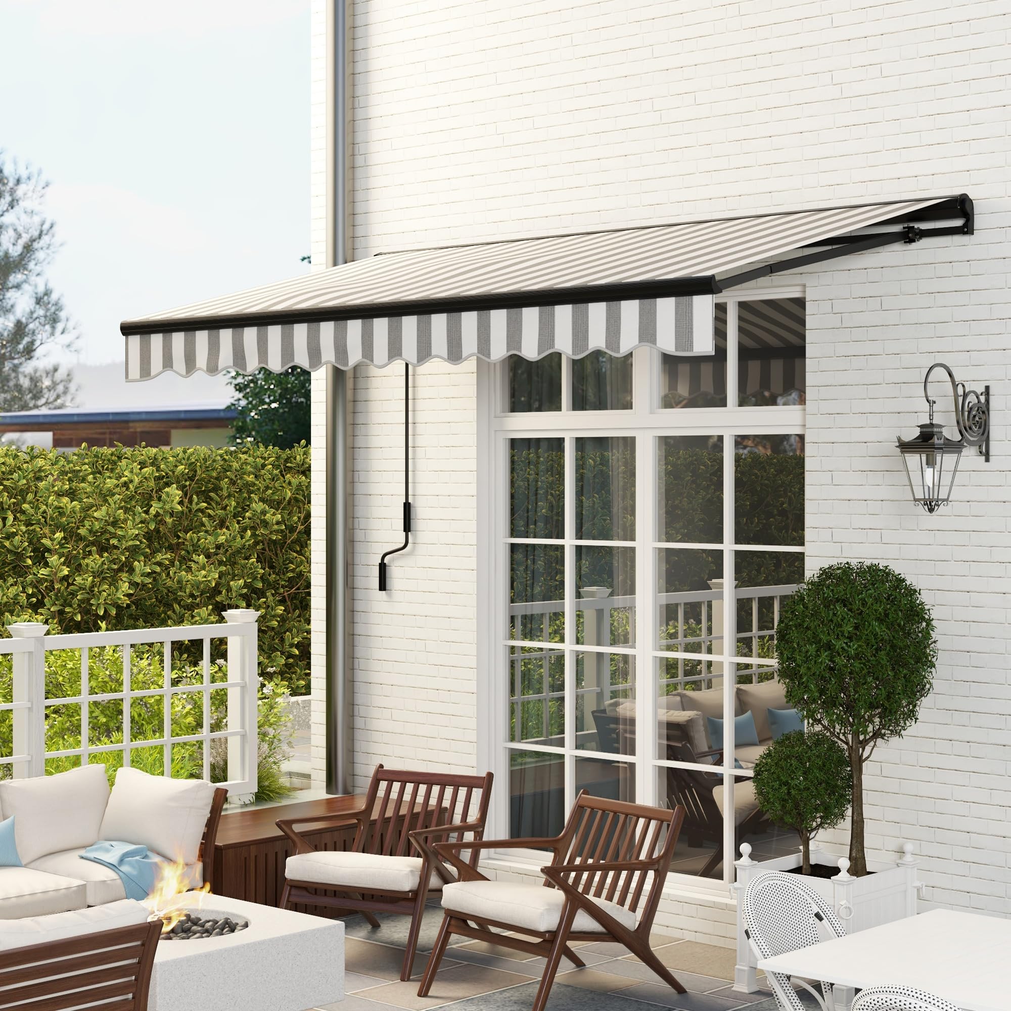Outsunny Gelenkarmmarkise elektrisch Balkonmarkise 395 x 250 cm Sonnenschutz mit UV-Schutz, Handkurbel, verstellbare Kassettenmarkise mit Fernbedienung, Grau+Weiß