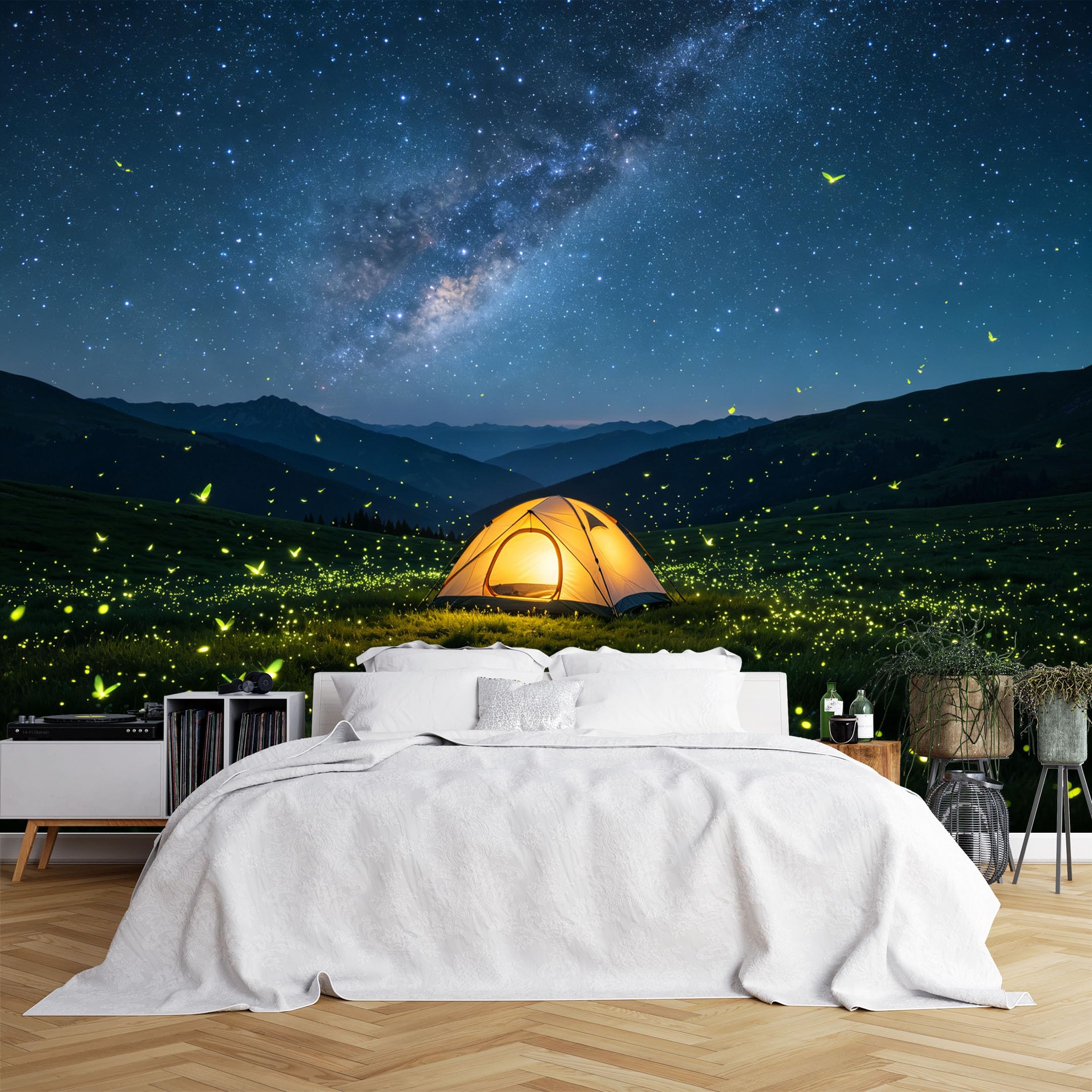 Lcythiazole Ch260615137 Custom Size Wall Murals Starry Mountain Camping Tent Firefly Night Scene Wall Murals Realistic Night Wallpaper Large Photo Wallpaper Self-Adhesive Removable Wallpaper