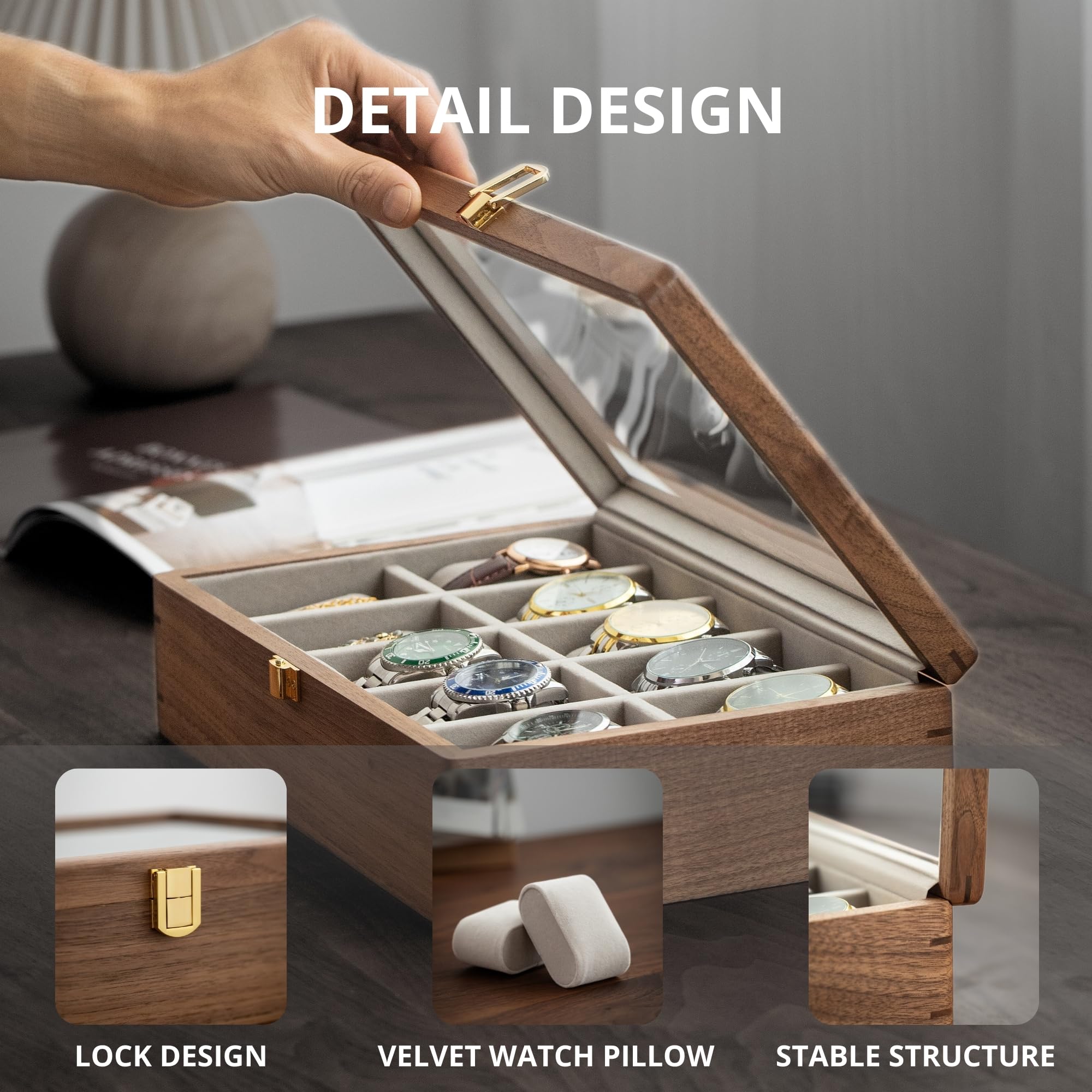 Amazon.co.jp: Muso Wood 時計ケース 10本用 木製 時計ケース 透明窓