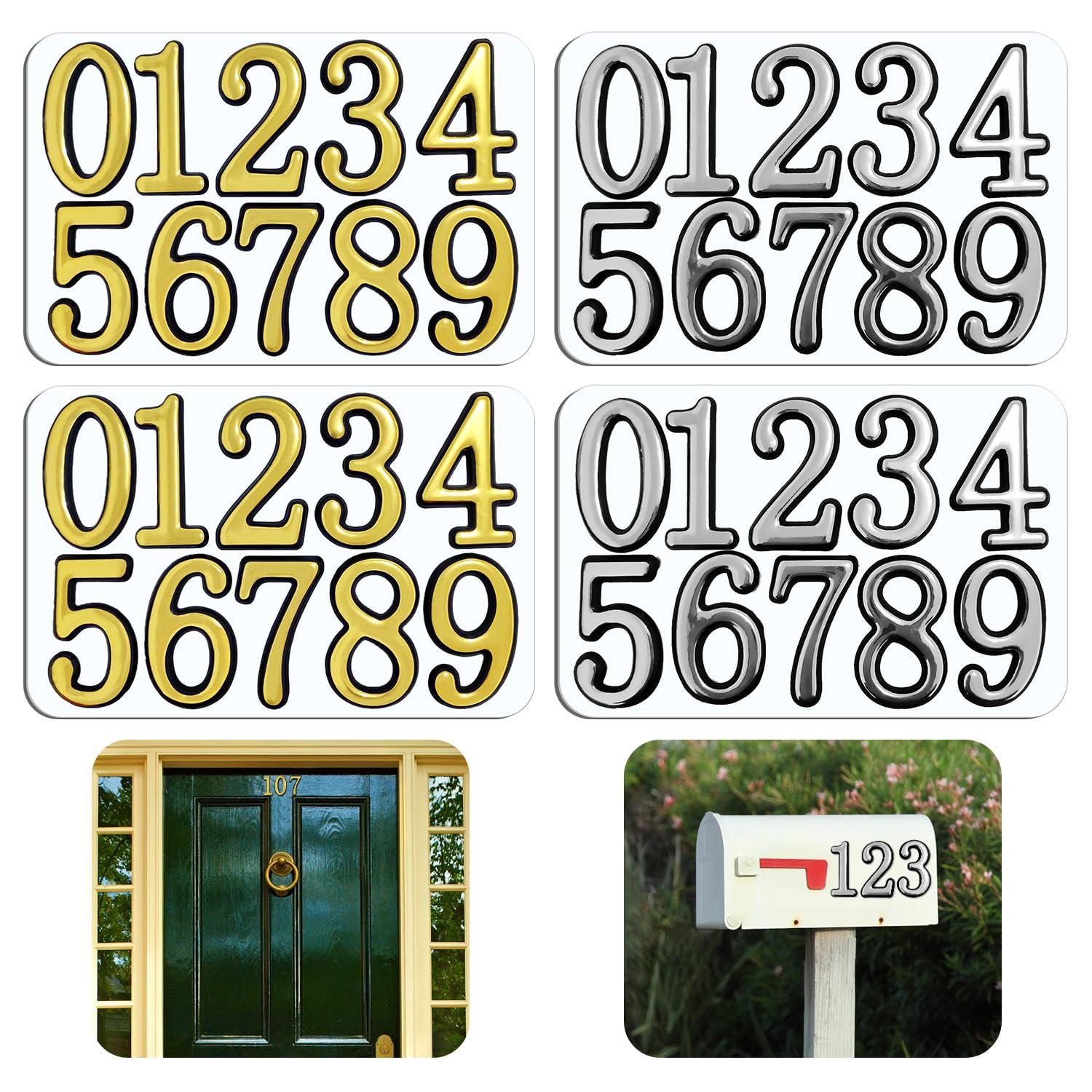 XMNIVATE 4 Sets Of Plastic Digital Number Stickers, Self-Adhesive House Number Identification Stickers, Mailbox Address Identification, Suitable For Hotel Doors, Offices, Apartments (Gold, Silver).