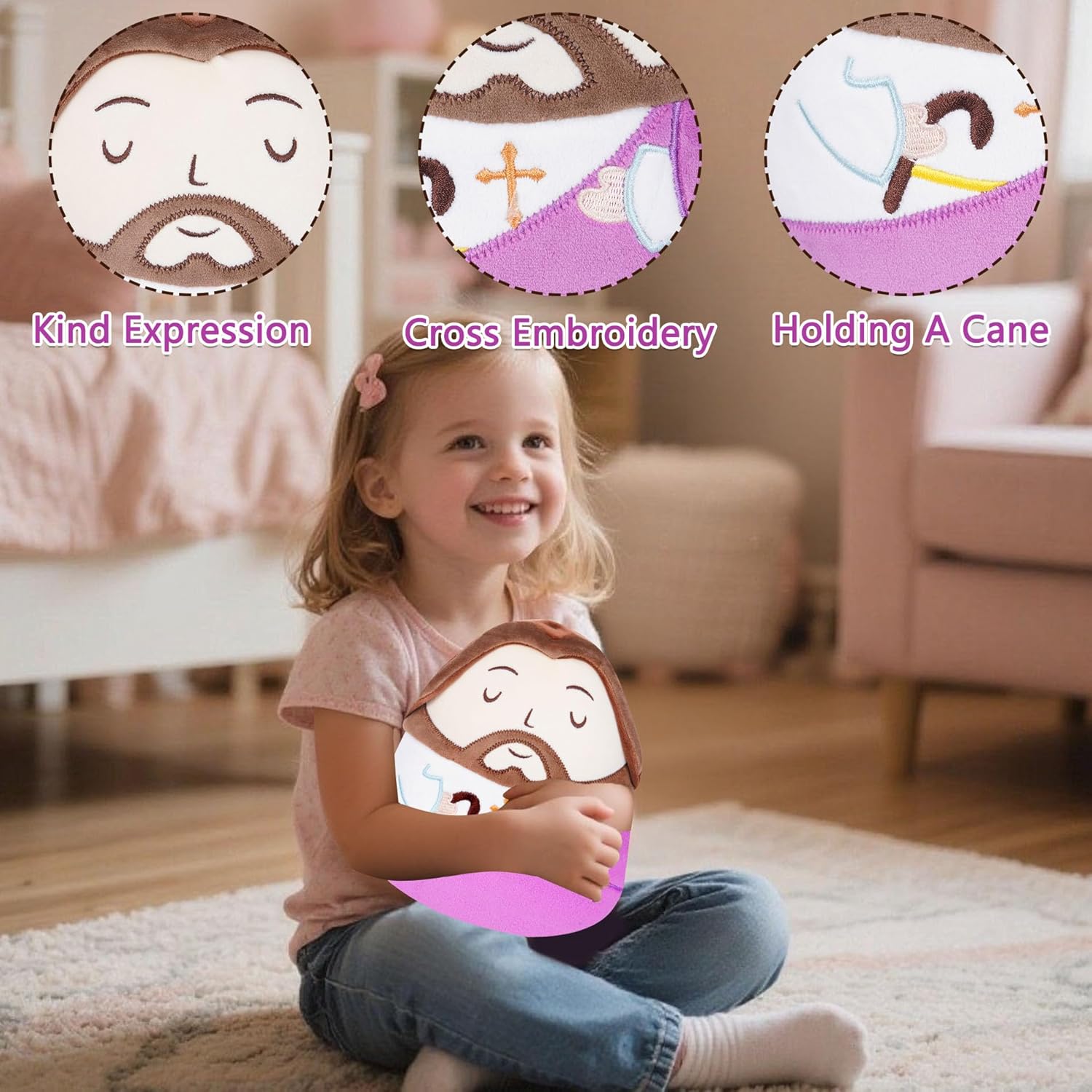 Jesus Plush Pillow Stuffed Animal - Jesus Doll with Cross Prayer Staff Perfect Christian Easter Gifts for Kids Adults Purple 10 Inch - Image 6