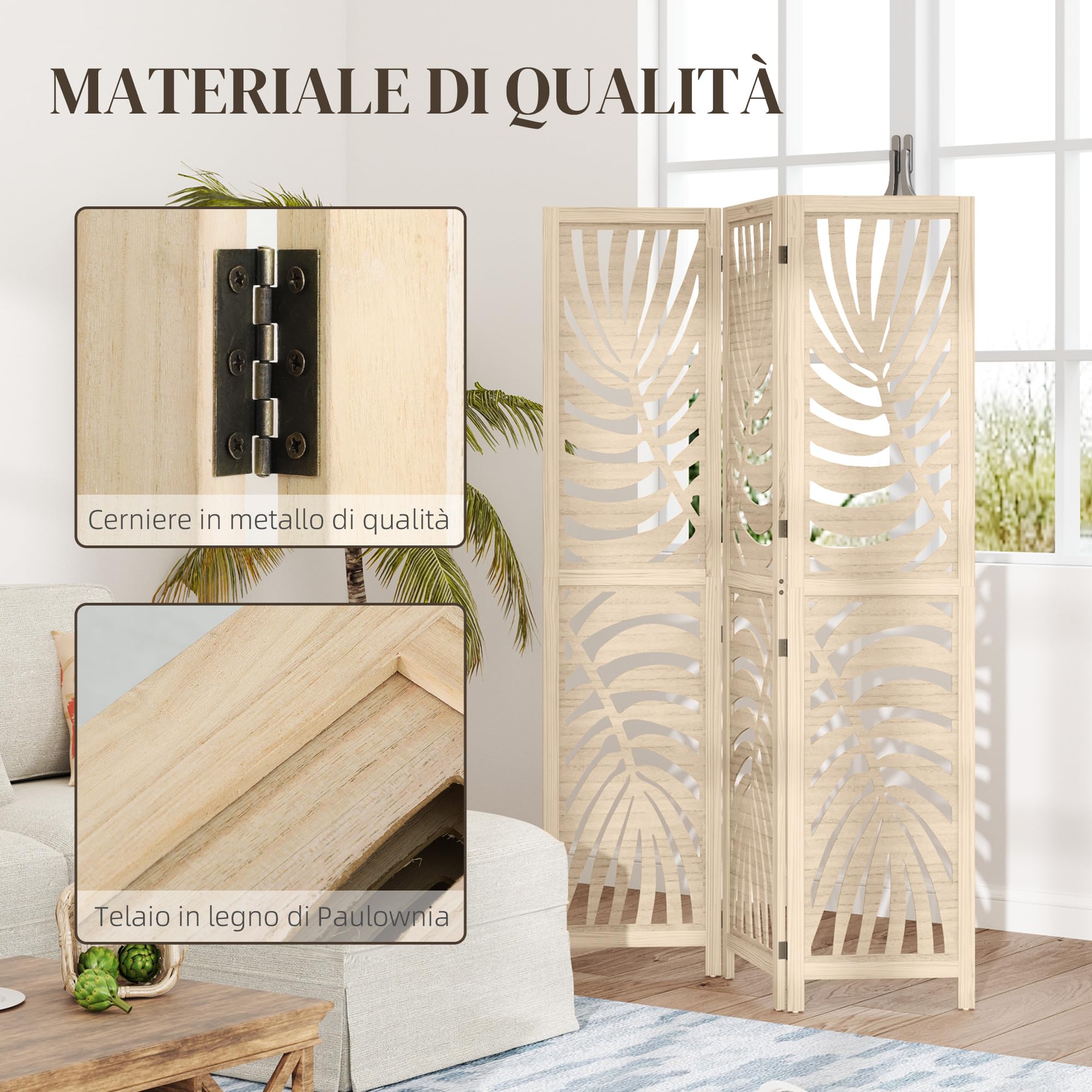 HOMCOM Biombo de 3 Paneles Separador de Ambientes Plegable 120x170 cm con Estampado de Hojas de Palma Tropical Biombo Separador de Ambientes para Salón Dormitorio Oficina Natural