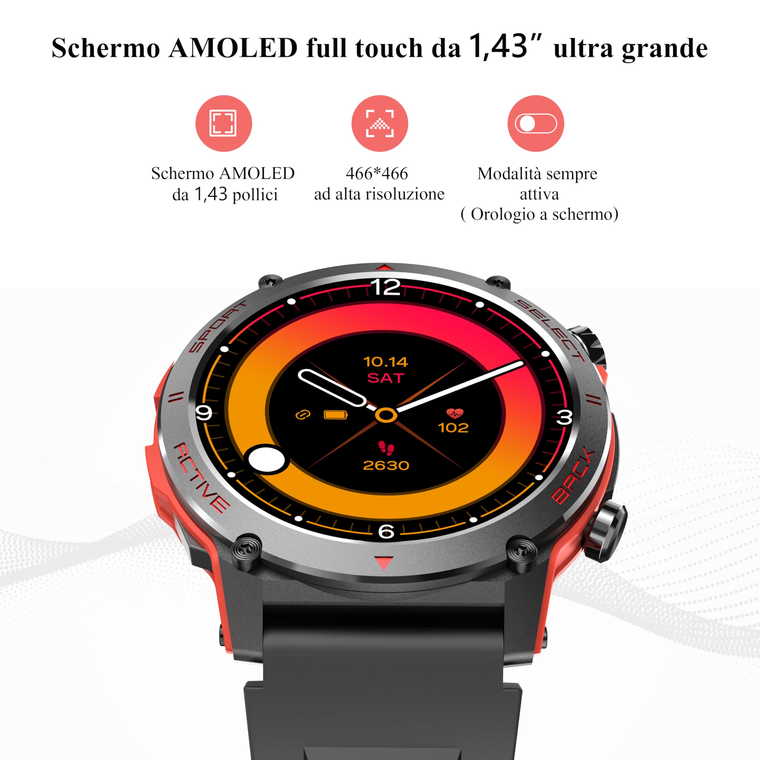 Popglory Smartwatch Uomo Donna, 1.43" AMOLED Orologio Chiamate, Orologio Digitale con Frequenza Cardia/SpO2/Pressione Sanguigna/Sonno/Contapassi, 110+ Sportive Fitness Tracker (No GPS Navigatore)