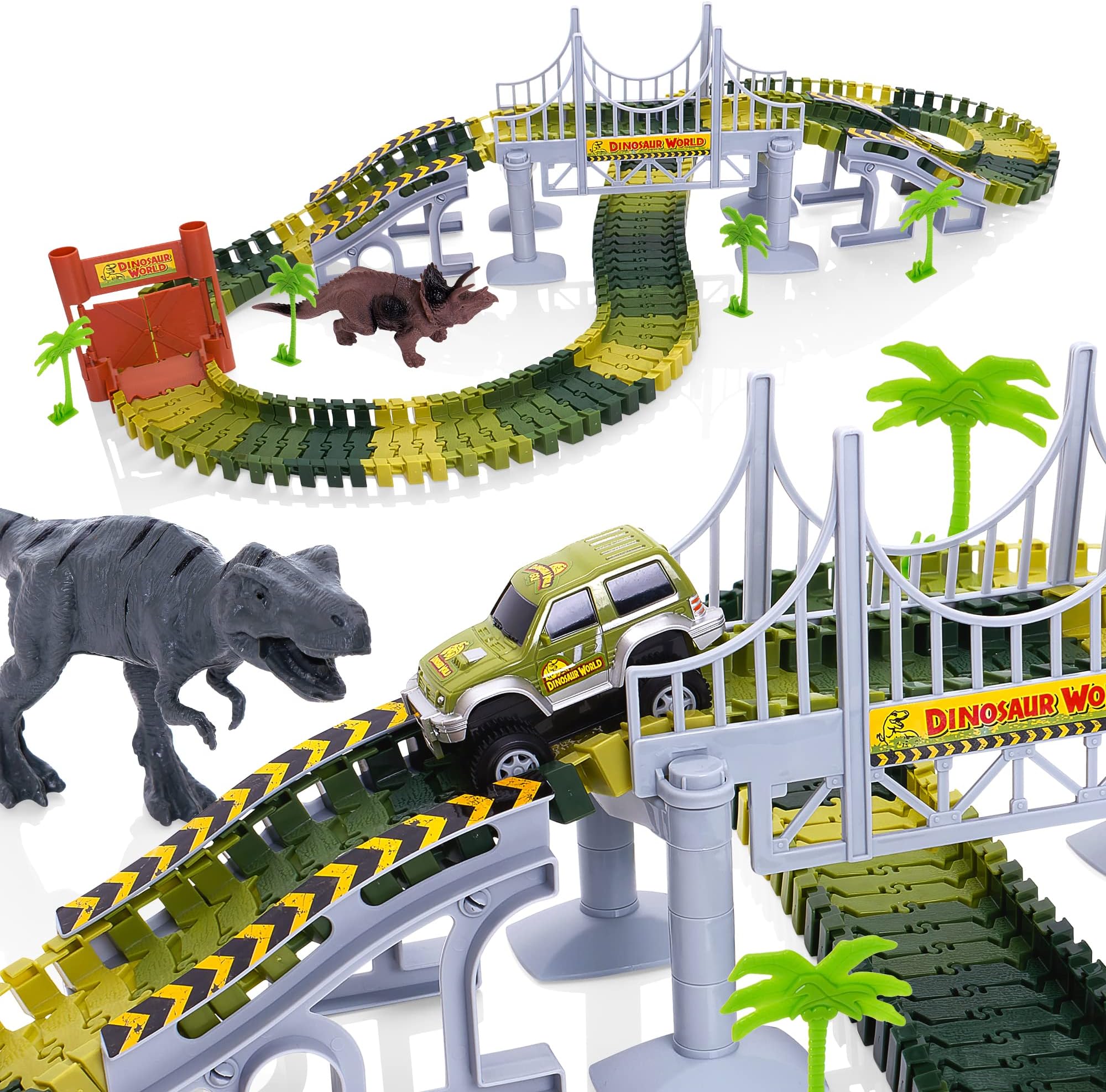 Create-A-Track Dino World Track Set | 142 Piece Flexible Jurassic Racetrack + Dinosaurs + Light Up Toy Car Playset