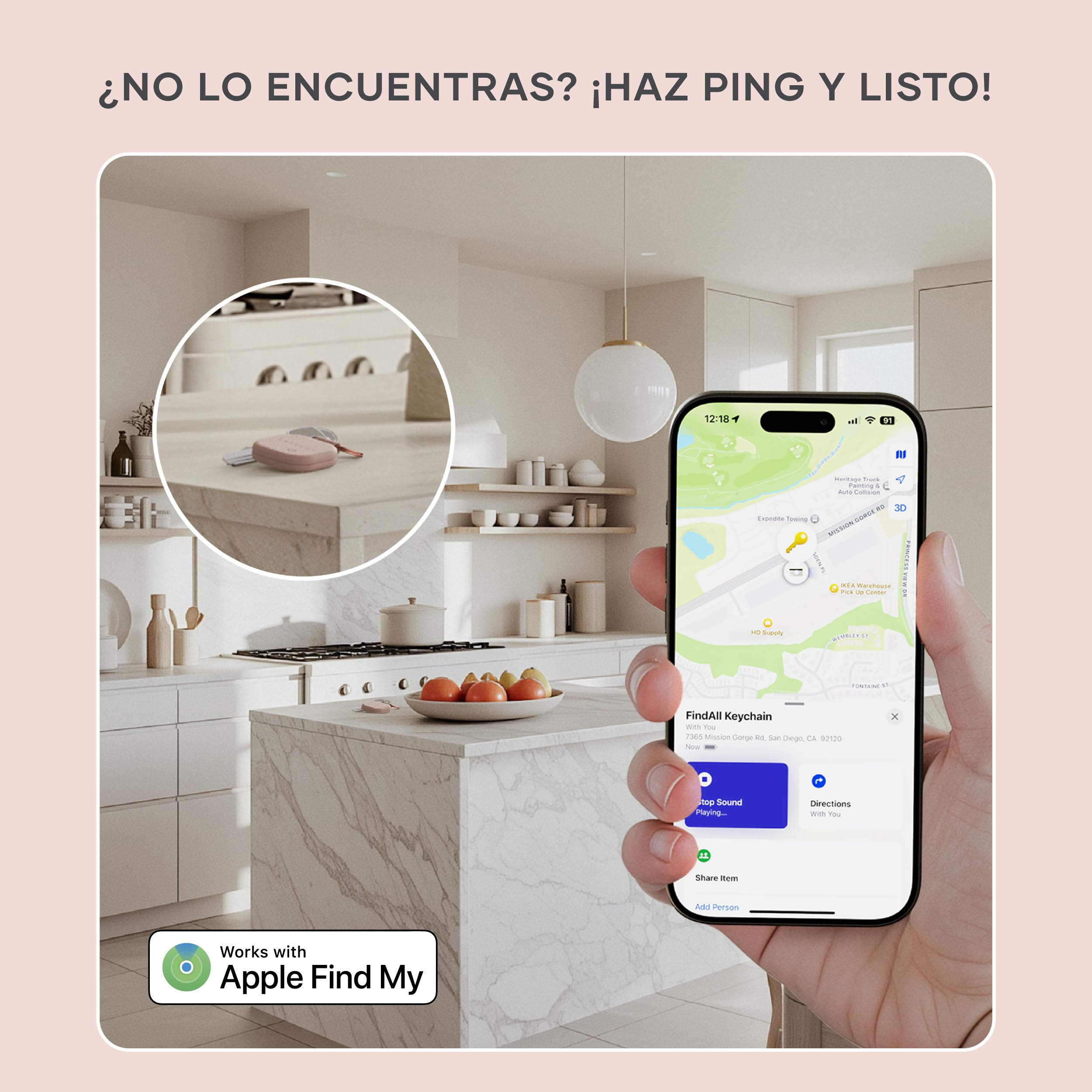 SATECHI FindAll Buscador de Llaves con Apple Find My, Carga Inalámbrica, Alerta de Olvido con Sonido Potente, Llavero GPS Localizador de Llaves para iPhone, iPad, Mac y más – Rose — view 4