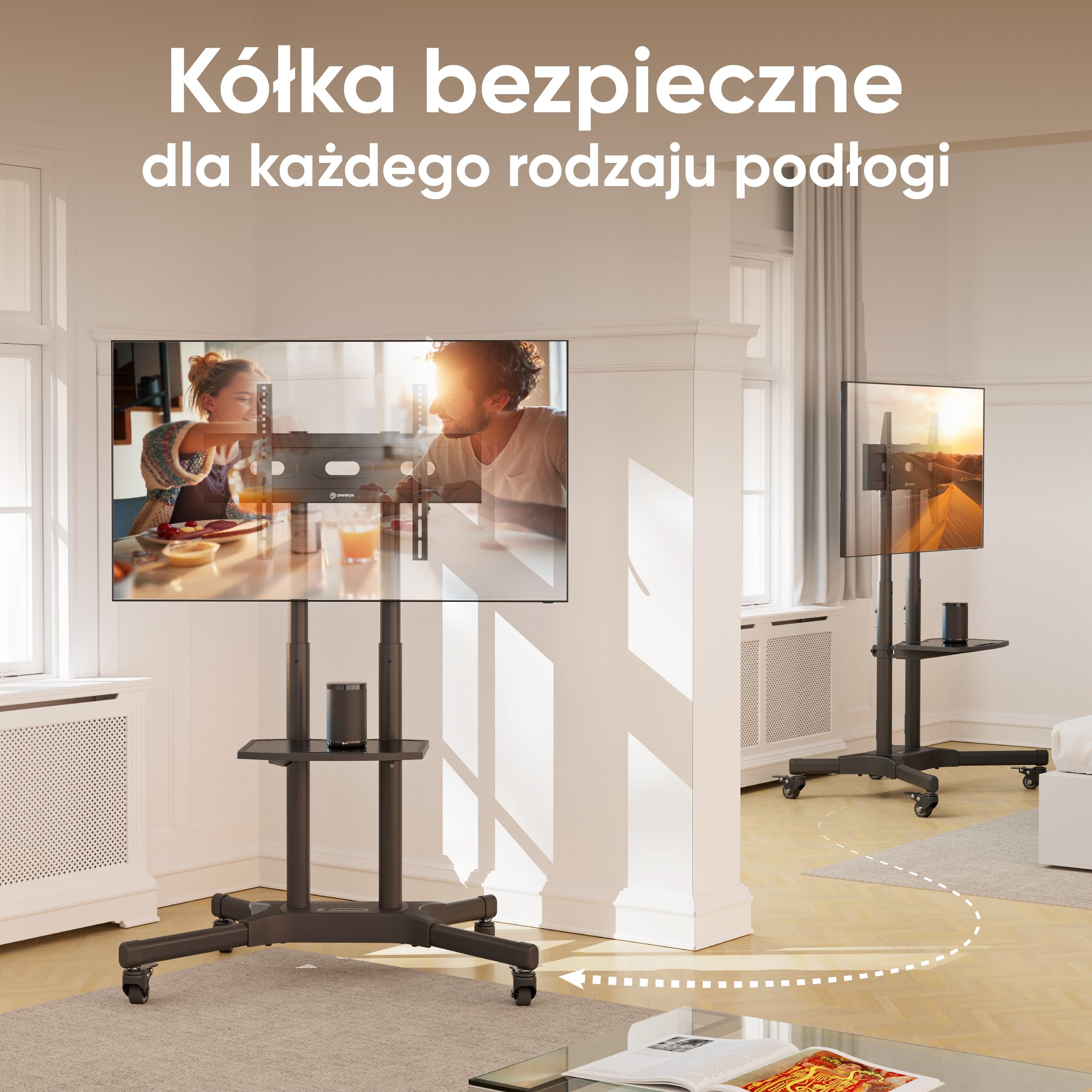 ONKRON Stojak na telewizor na kółkach dla ekranów 32" - 65" do 50 kg, regulowany na wysokość max VESA 600x400 - Uniwersalna podstawa TV/Wózek na telewizor z kółkami, czarny TS1351-B