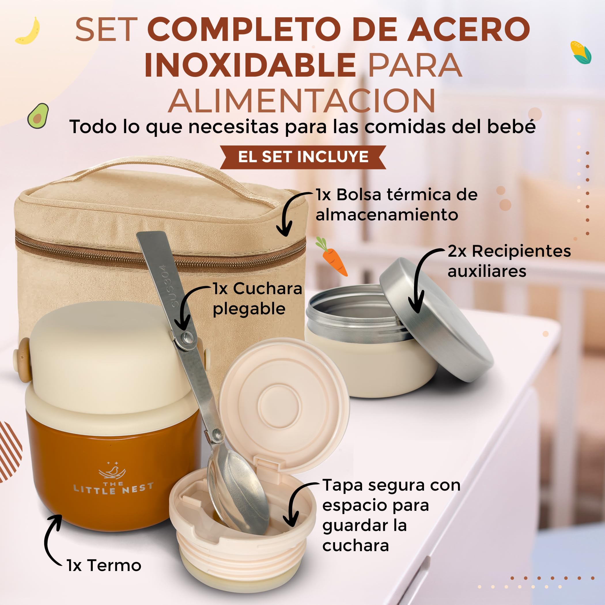 Set Termo Comida Bebé 300ml de Acero Inoxidable, 2 Contenedores y Estuche Térmico, Cierre Hermético, Aislamiento de Doble Pared, Mantiene Caliente y Frío, Sin BPA (Color Matcha Green)