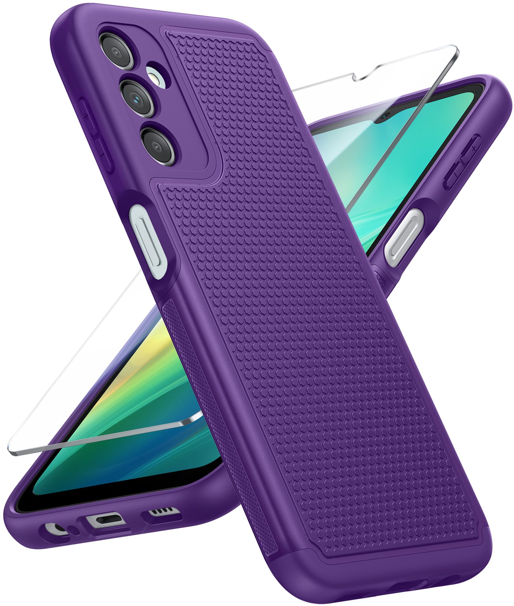 FNTCASE for Galaxy A14-5G Phone Case: Samsung Dual Layer Non Slip Cover | With Screen Protector, Military Grade Shockproof Drop Protection, Matte Textured Protective Cases for Daily Use, Purple