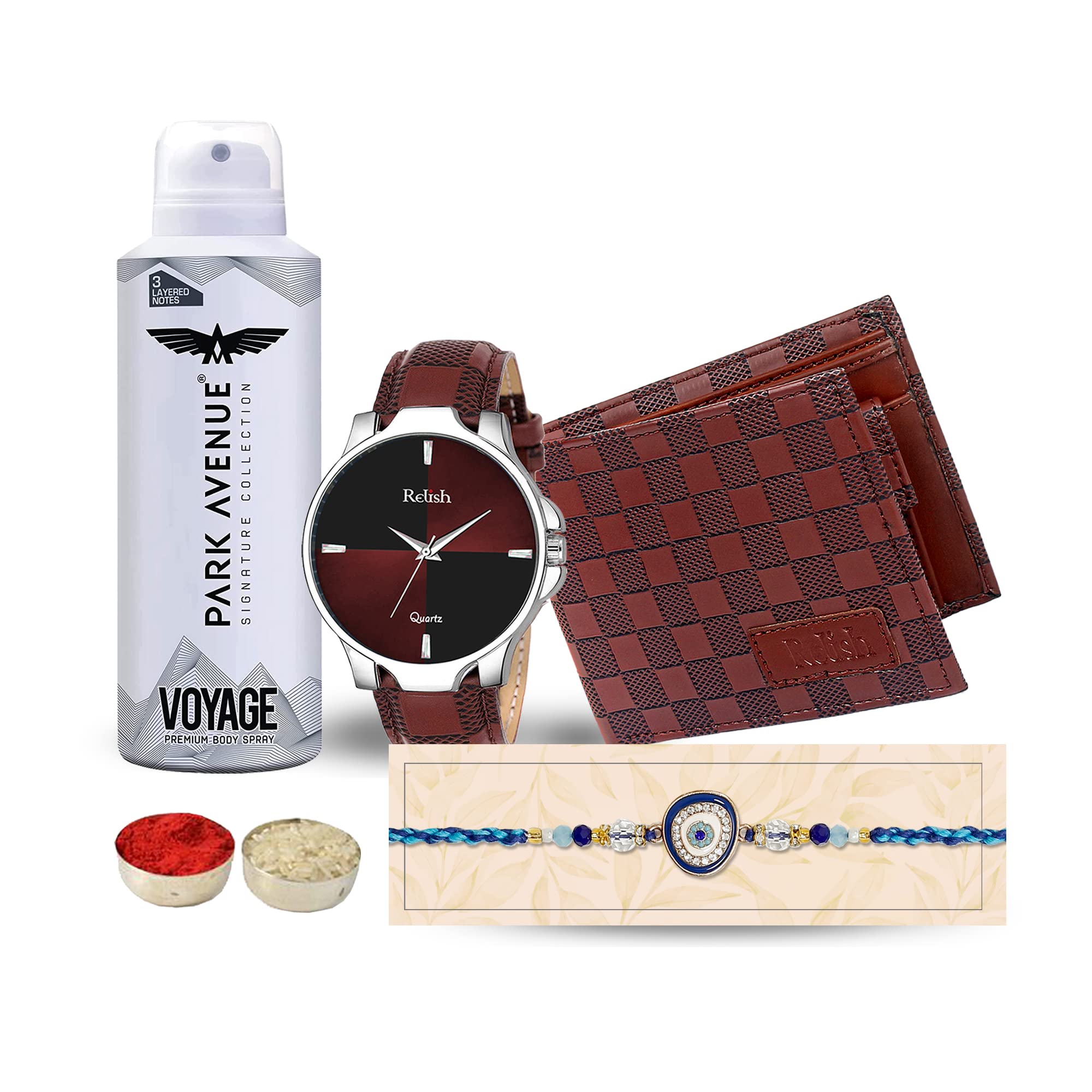 Relish Analogue Mens Watch & Deodorant, Brown Wallet, Evil Eye Designer Rakhi| Rakhi Combo for Brother | Rakhi Gift Hamper| Pack of 3 (B0C5MJMNPP) Amazon Price History, Amazon Price Tracker