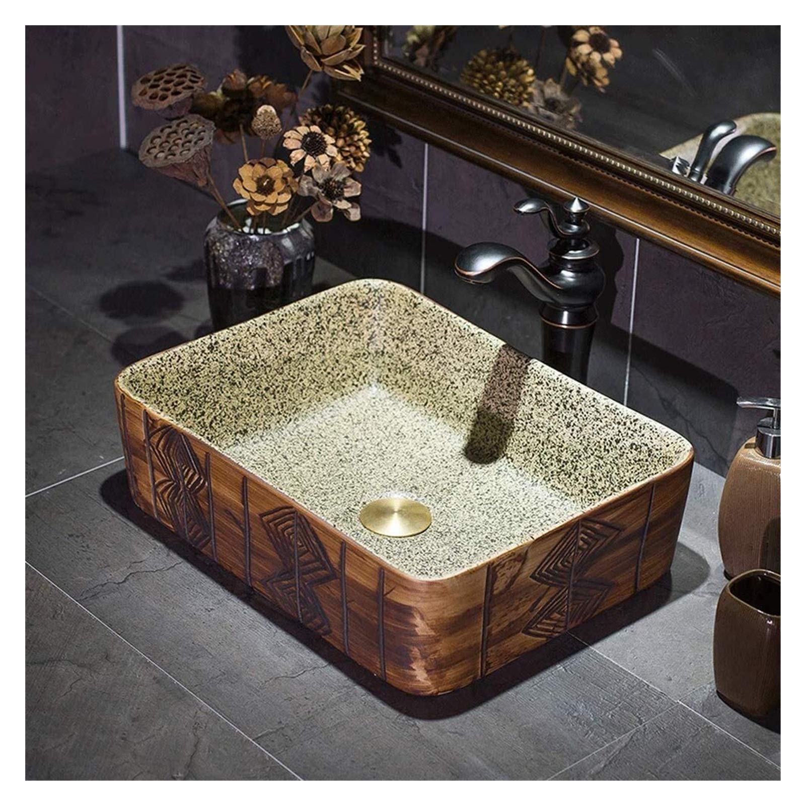 WOTZOV Vessel Sink Hotel Art Sink For Outdoor Bistro-European Bathroom 17" Rectangular Porcelain Vessel Sink Above Counter Brown Countertop Bowl Sink,