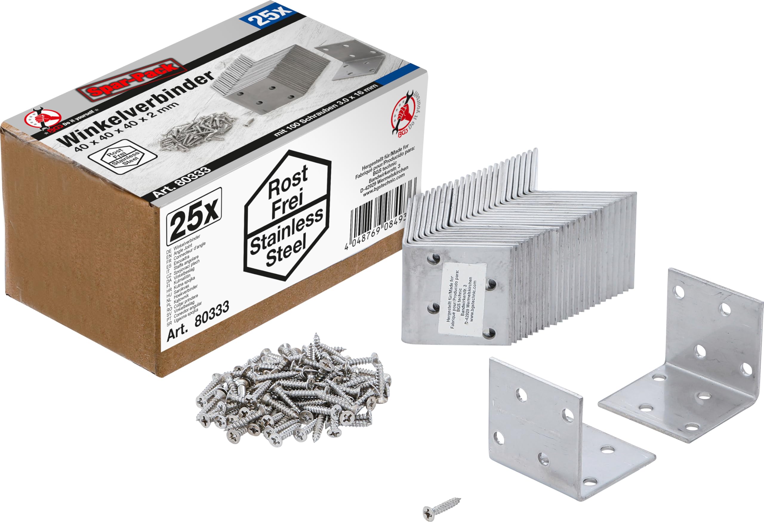 BGS Diy 80333 | Winkelverbinder | rostfrei | 40 x 40 x 40 mm | Spar-Pack | 25 Stück