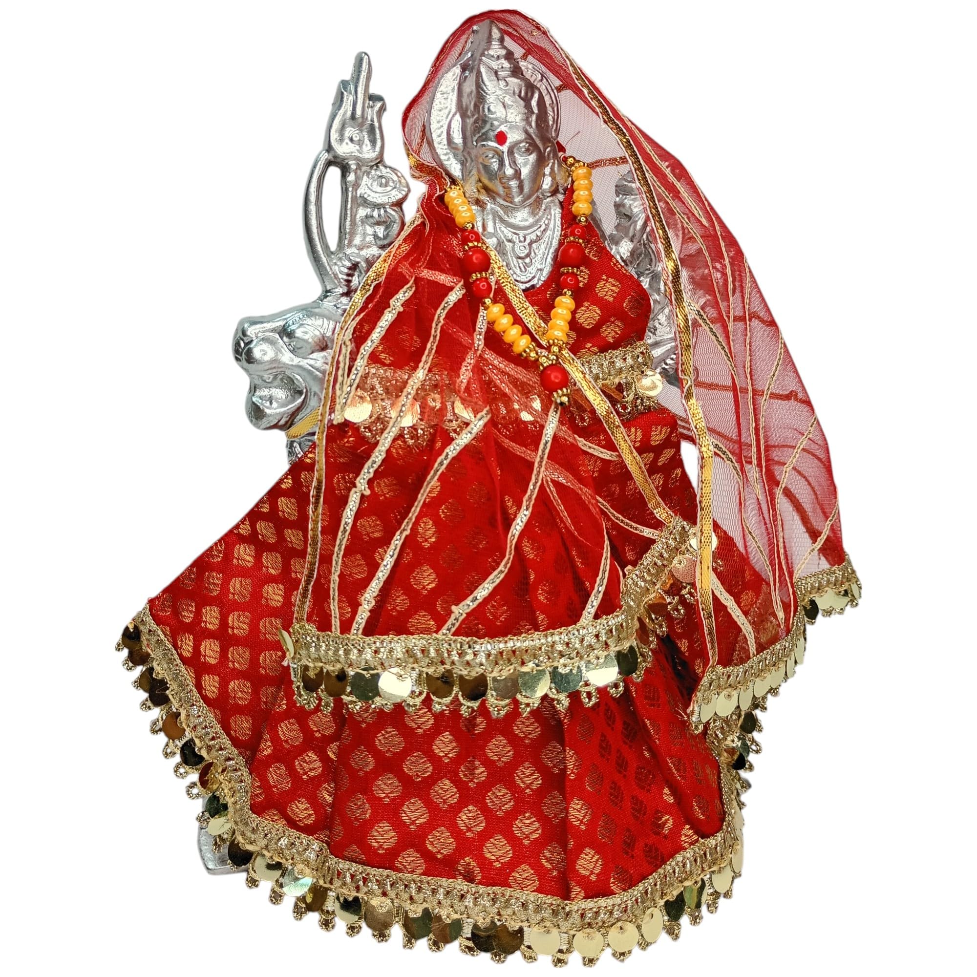 Mata Rani Designer Poshak With Lace Work & Banarasi Brocade Fabric | Red Color Devi Maa Vastra For Idol Durga, Laxmi, Sherawali, Radha Rani | Adjustable, 7 Inch Poshak-image-24