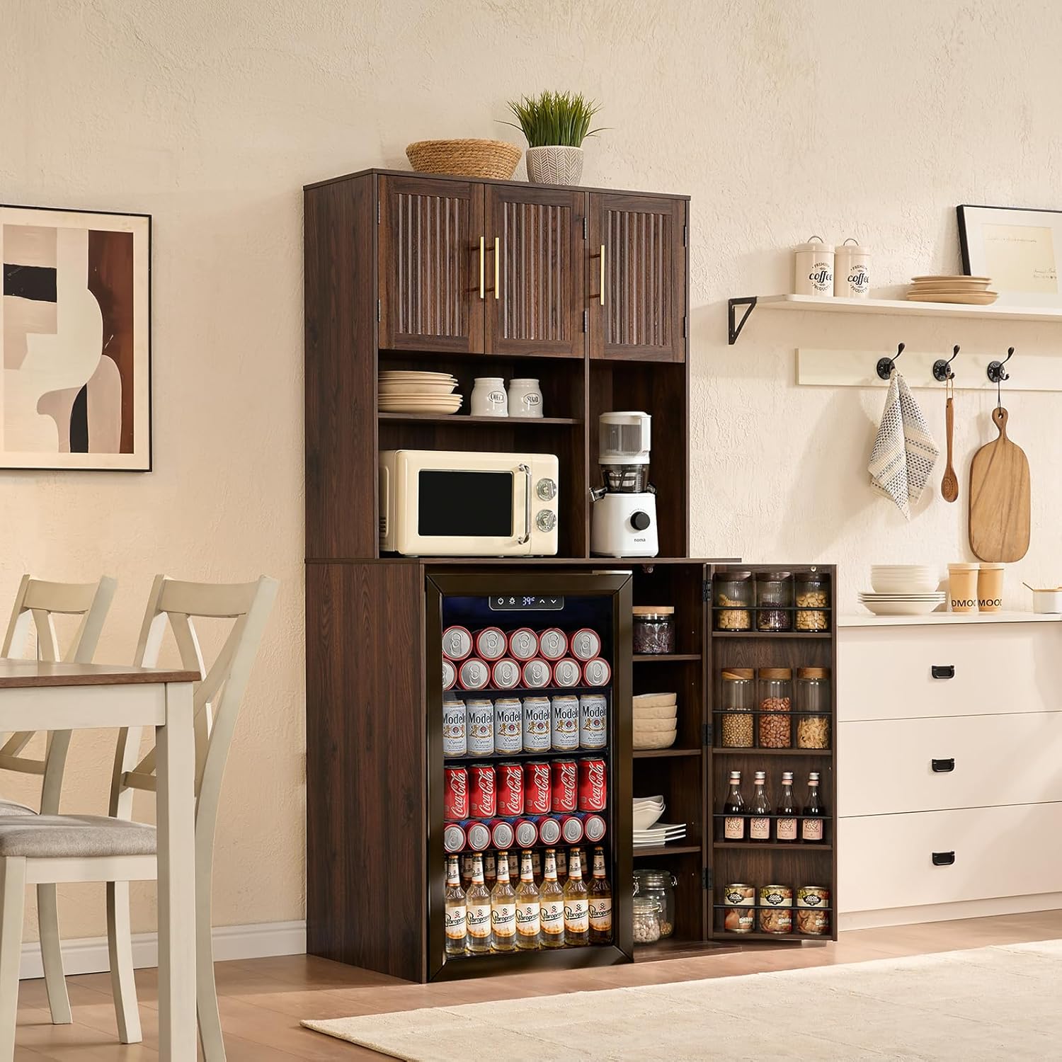 Okvnbjk Mini Fridge Cabinet with Storage & Power Outlets — 73" Tall Fluted Coffee Bar Cabinet with 5-Tier Shelves & Microwave Shelf for Kitchen, Dorm, Living Room, Dining Room (Walnut)