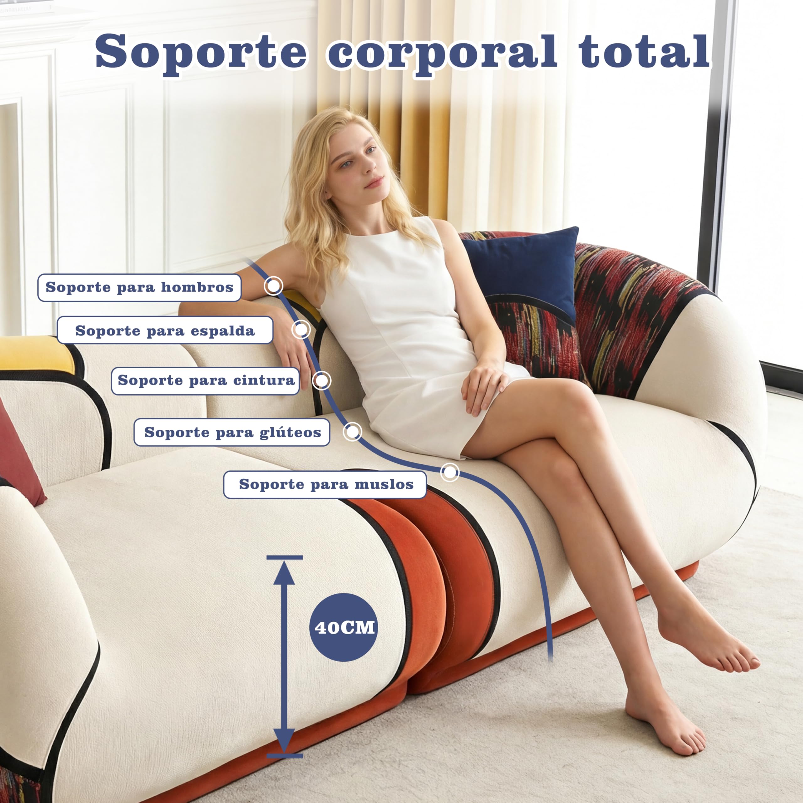 Vipbear Sofá de 3 Plazas de 265 cm, Sofá de Salon Estilo Bohemio, Tapizado de Chenilla Sin Muelles, Espuma de Alta Densidad, Modular para el Salon, No Requiere Montaje