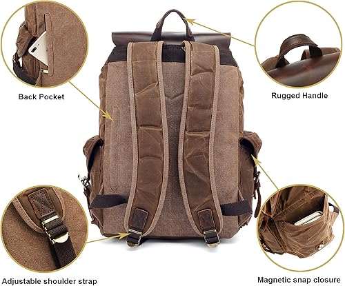 Miniatura 4 de HuaChen M80 - Mochila de cuero de lona encerada para hombres y mujeres, mochila vintage casual de viaje, mochila grande para viajes y senderismo,