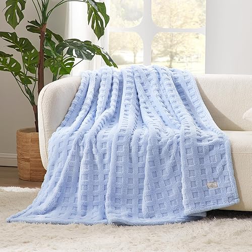 Cozy Bliss Ultra Soft King Size Waffle Throw Blanket for Couch - Lightweight Cozy for Women,Cute Checkered Throws Blanket for Bed and Sofa,Light Blue,108x90 Inches