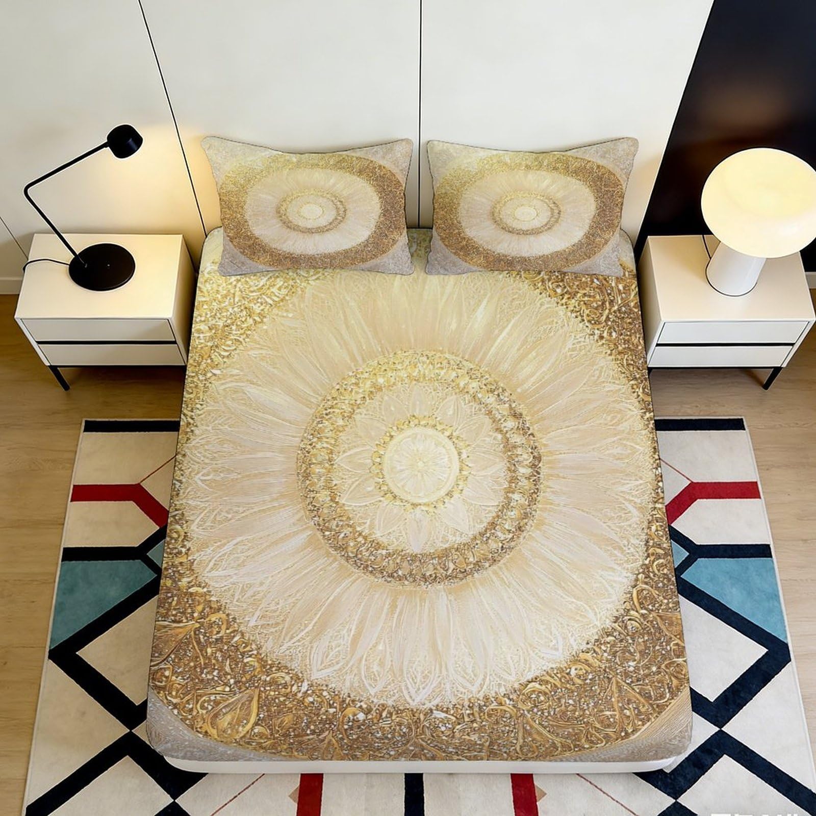 3D Printed Golden Mandala Fitted Sheet Microfiber Soft Breathable Ornate Bed Cover for Bedroom Dormitory Guest Room Mattress Protection Decoration 90x200x25cm