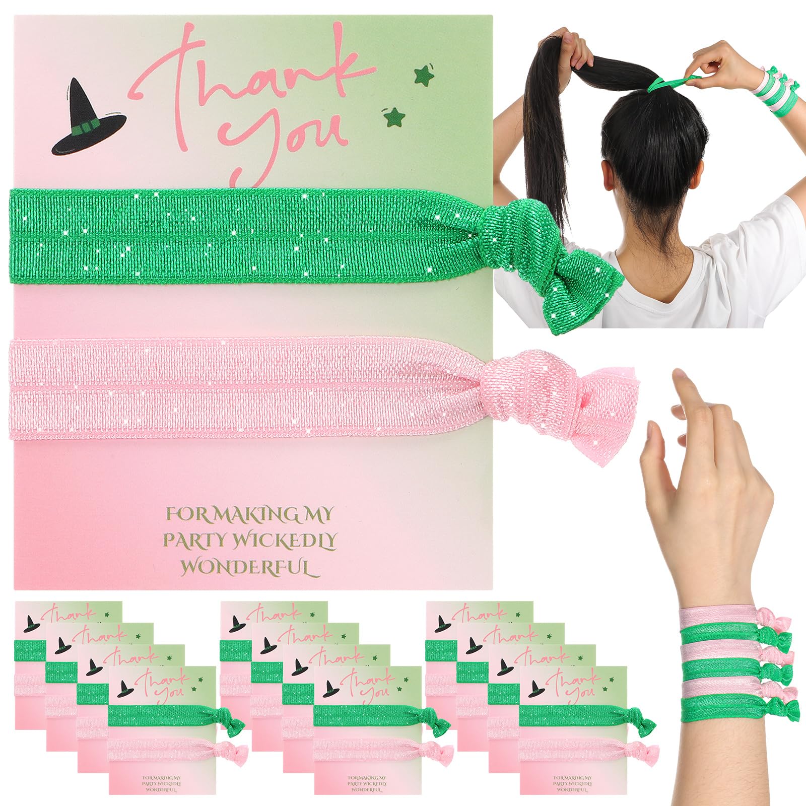 12 Sets Green and Pink Party Favors Elastic Witch Hair Ties Hair Accessories with Thank You Card for Witch Friendship Gifts