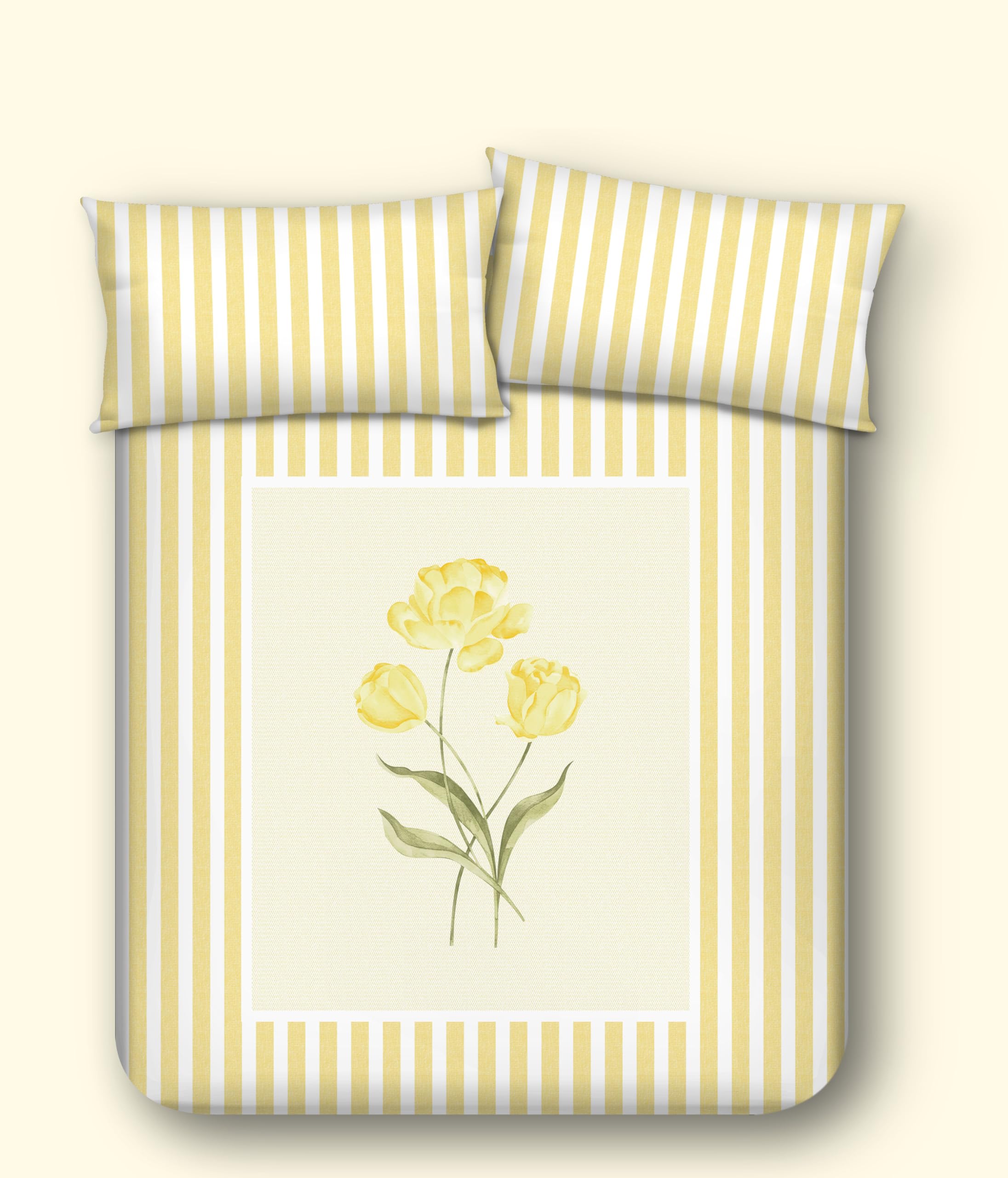 Jashan Premium Pure Cotton Elegant Stripe Design with Yellow Flower Print Soft & Comfortable,Double Bedsheet with 2 Pillow Covers –King Size Bedsheet Size 90x100 Inches Pillow 17x27 Inches - Yellow