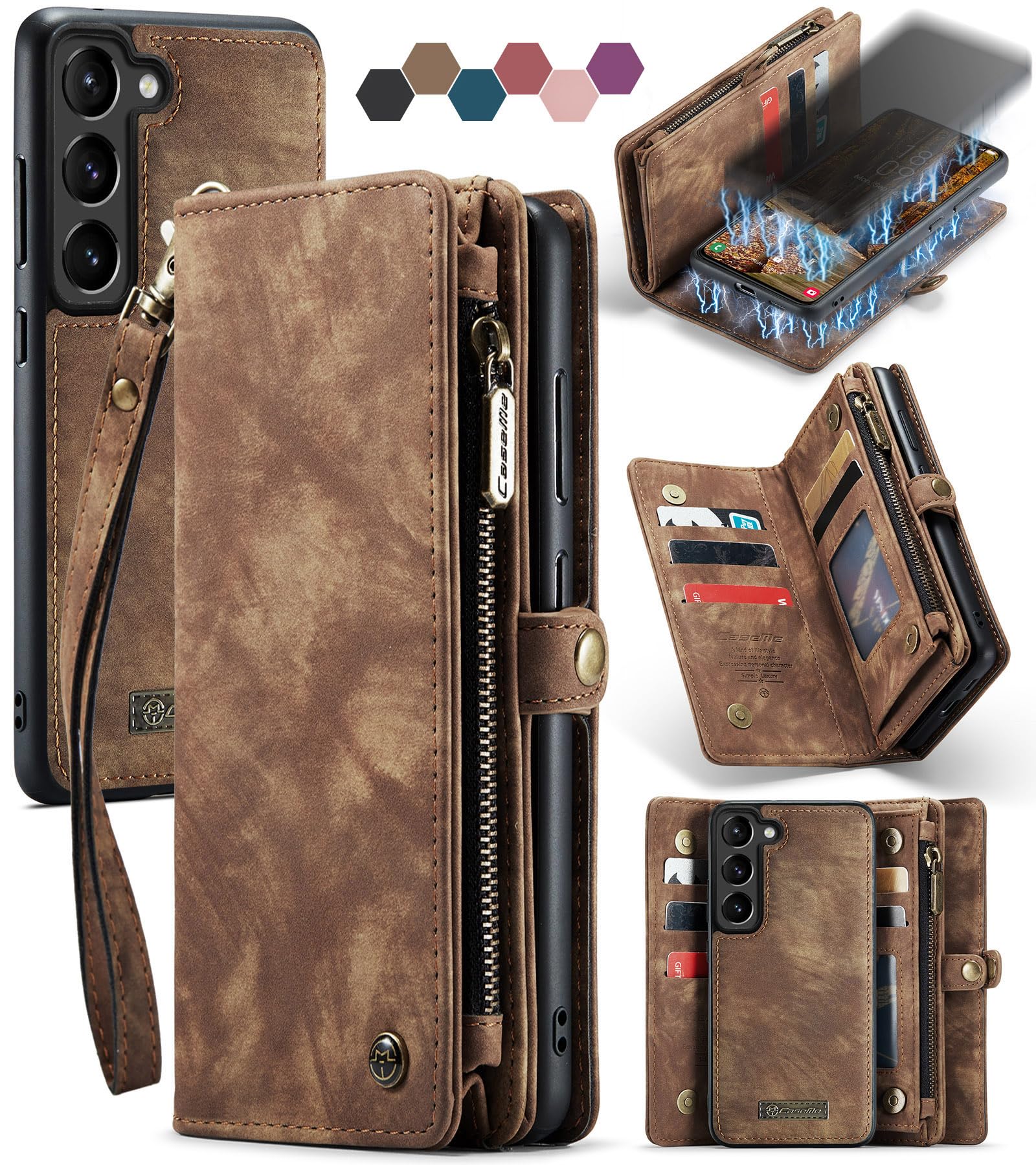 Samsung Galaxy S23 Wallet Case,Zipper Folio Leather Case Wallet with Card Holder Strap Wristlet Detachable Magnetic Protective Back Case for Samsung Galaxy S23 5G 6.1 Inch (Brown)