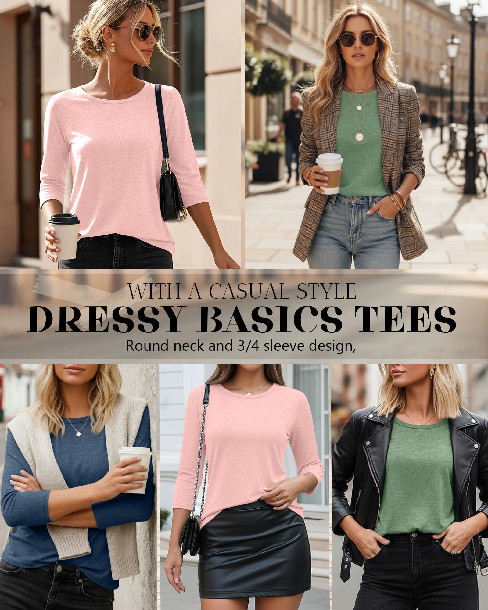 Ficerd 3er-Pack 3/4-Ärmel-Tops für Damen Rundhalsausschnitt Elegante Basic-T-Shirts Lässig Trendig Lockere Passform