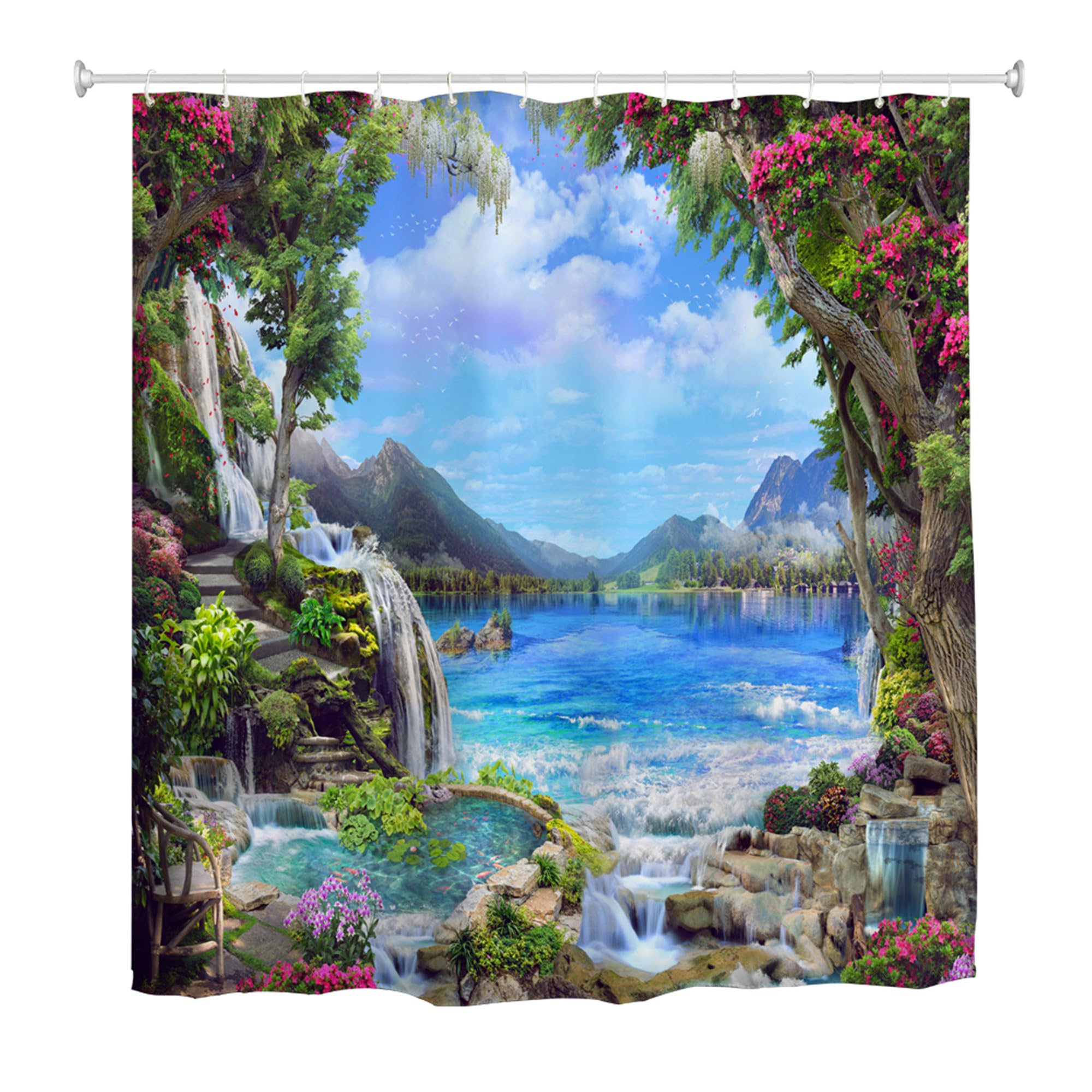 goodbath Garden Shower Curtain Outdoor Waterfalls, 3D Nature Scenery Landscape Mountain Lake Bath Curtains for Bathroom Fence Wall, 180 x 180 cm