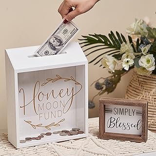 Defined Deco Large Honey Moon Fund Box,Gift Card Box,Wood Wedding Card Box,Picture Box Shadow Box for Wedding Decor,Wedding Decorations for Reception with Wood Sign Set of 2 (11.5 x 9.25x 3.25IN)