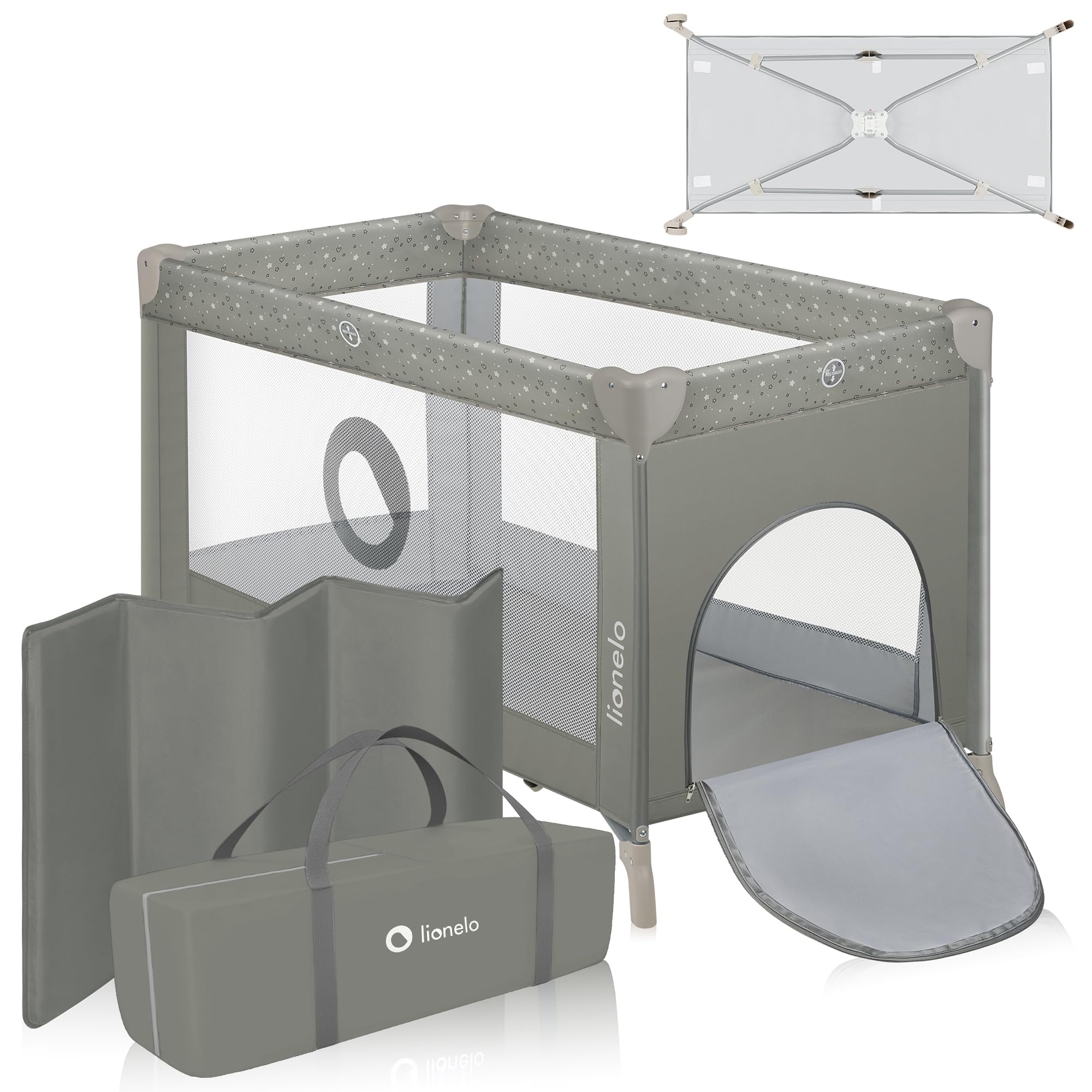 lionelo Stefi Cuna de Viaje para Bebé Apertura Lateral, Colchoneta 120x60 cm, Sistema LockGuard, Lados de Malla Transpirable, Bolsa de Transporte Incluida | Para Bebé Apertura Lateral, Lados de Malla Transpirable, Bolsa de Transporte Incluida