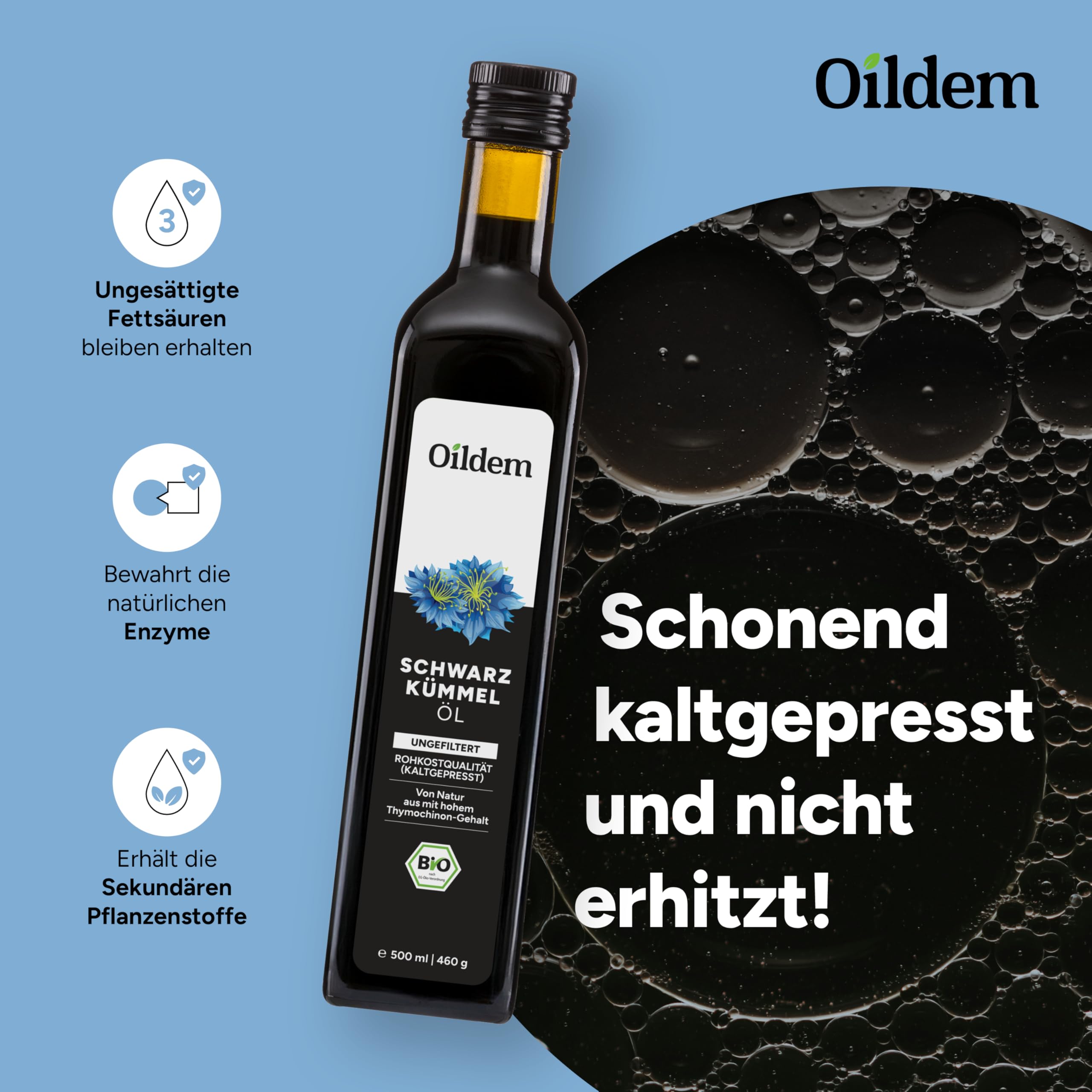 Oildem Bio Schwarzkümmelöl 500ml (ungefiltert)