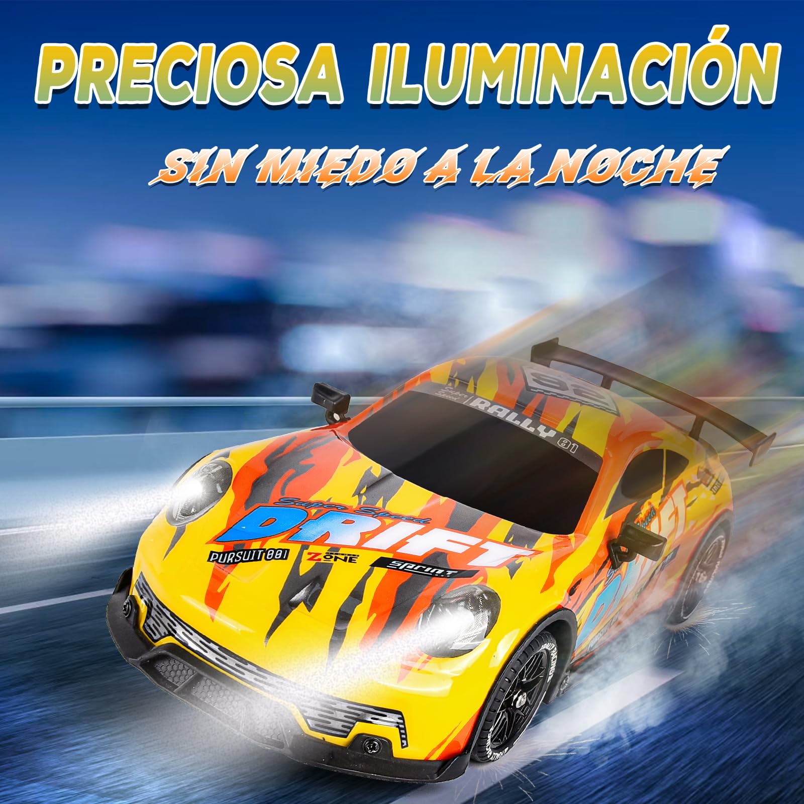 JONRRYIN Coche RC Drift, 1:14 Drift RC Car, 4WD Coche de Deriva Carreras Teledirigido con Kit Barricada, Luces LED, Radiocontrol Coche de Juguete para Adultos y Niños Mayores de 8 Años (Amarillo)