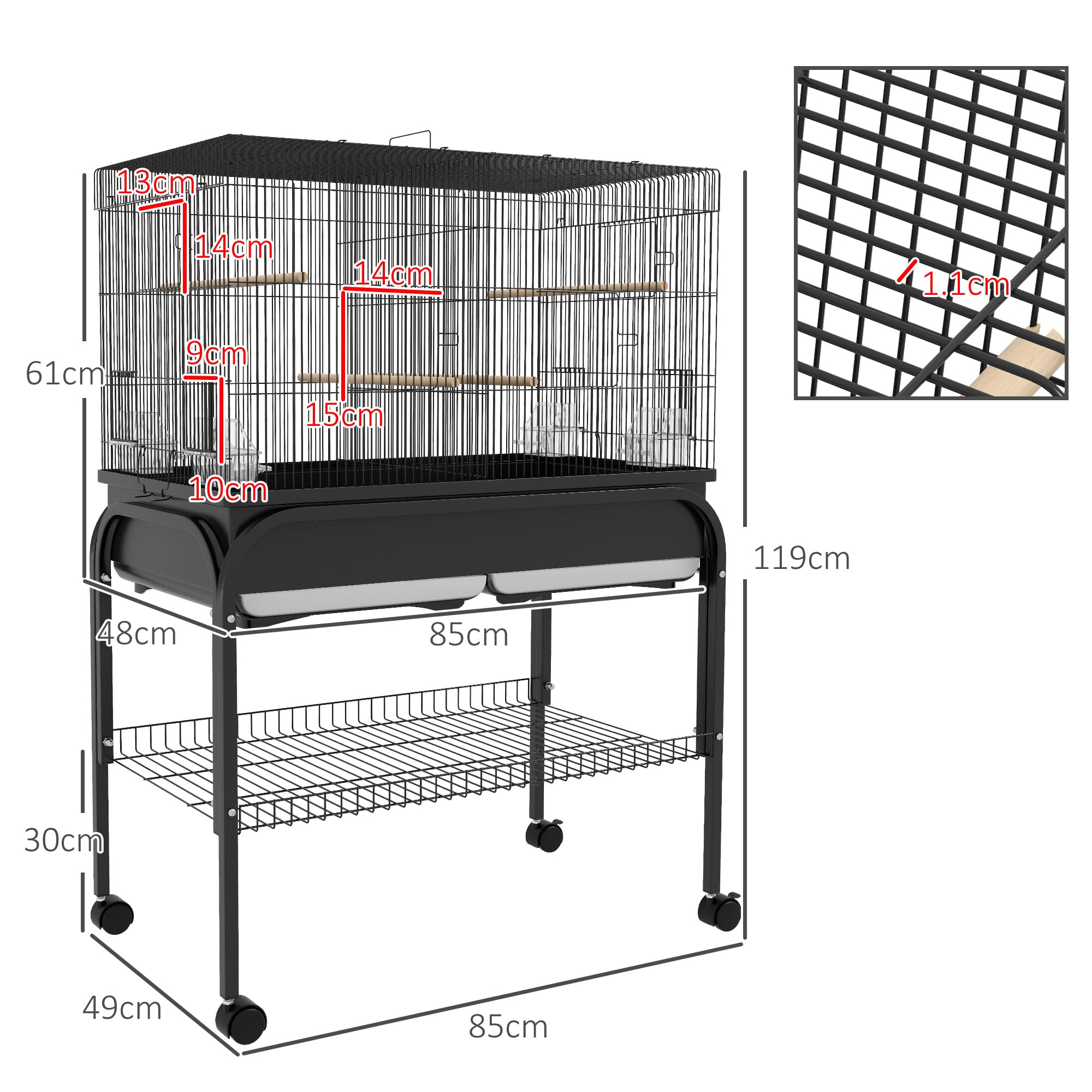 PawHut Gabbia per Uccelli da Interno con Vassoio, Ripiano e Ruote, Voliera in Acciaio per Cocorite, Canarini, Calopsitte e Pappagalli, 85x49x119 cm, Nero