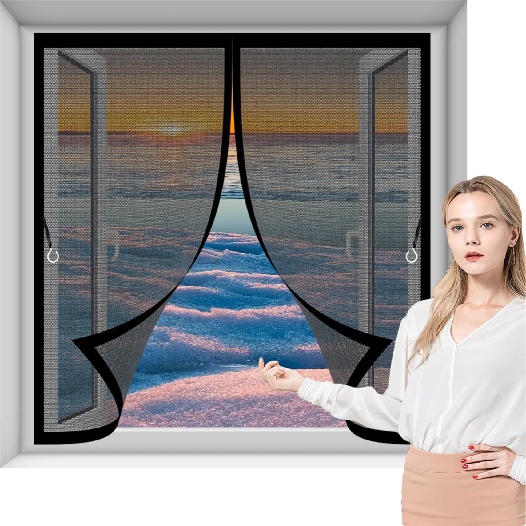 Magnetic Fly Screen Door 76 x 98 cm Durable Material, Automatic Closure, No Drilling Required Mosquito Net for Window Customizable for Multiple Curtain Types, Black