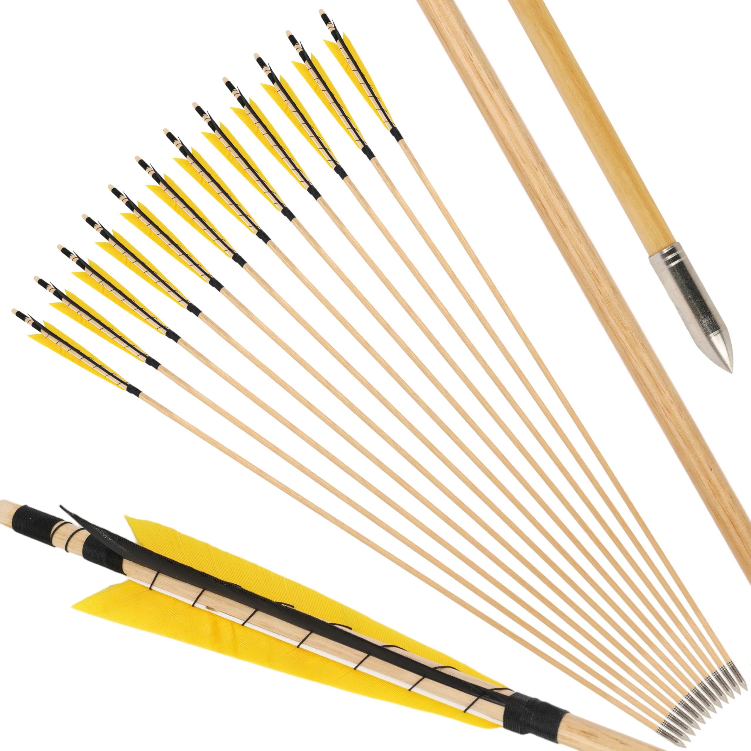 31" Frecce in Legno,realizzate a Mano in Modo Tradizionale con Piuma di Tacchino da 5”,Asta in Legno da OD 8mm,frecce da Caccia per Arco Lungo/ricurvo
