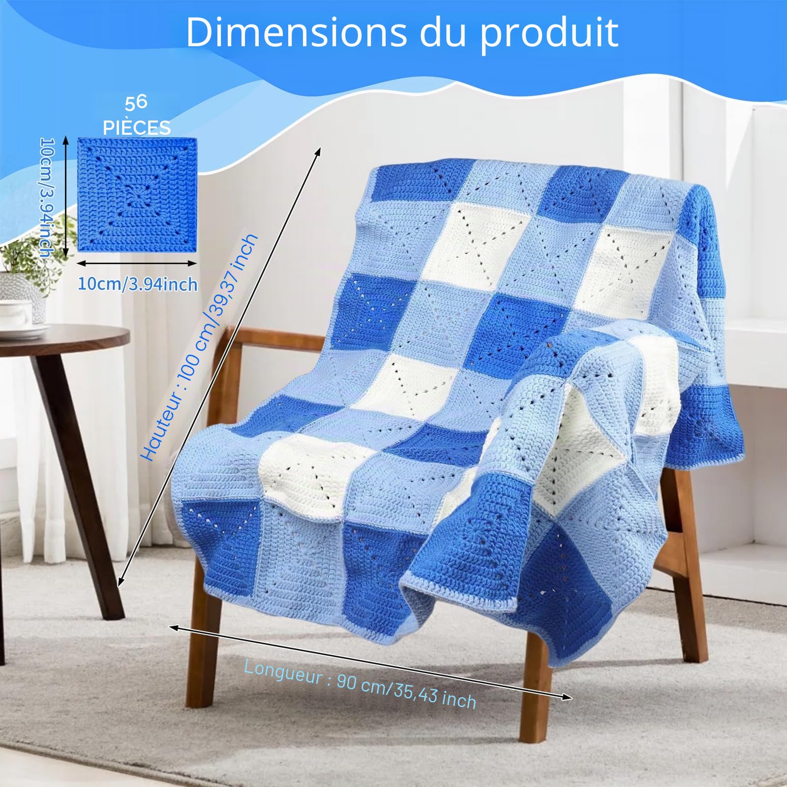 GHIBFBT Kit de crochet, kit de couverture en crochet avec étape par étape pour débutants, 19 rouleaux de fil DK pour couverture carrée Granny Kit de bricolage pour débutant (bleu)