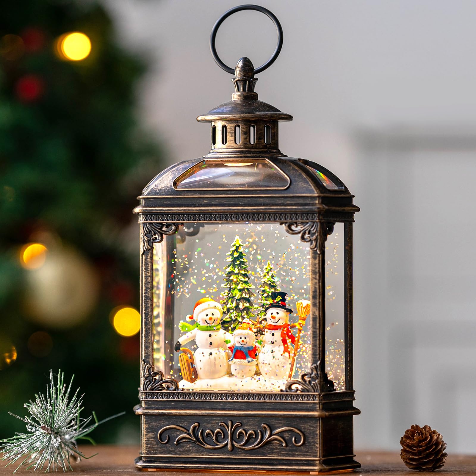 Christmas Snow Globe Lantern Water Glittering Snowman Family with Music &amp; Timer, USB Lined/Battery Operated Lighted Lantern for Christmas Festival Decoration Gifts